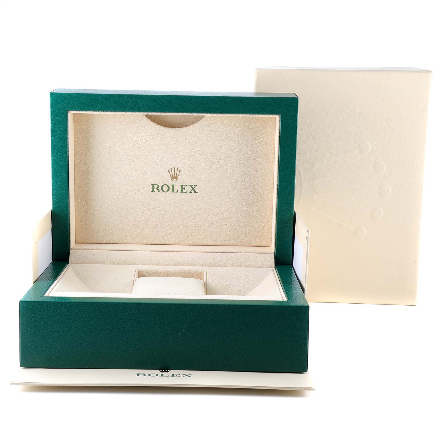 The image shows the green and beige presentation box for the Rolex Submariner 116610 Men
s Stainless Steel Black Dial 116610 Men
s Stainless Steel Black Dial watch, along with its outer packaging.