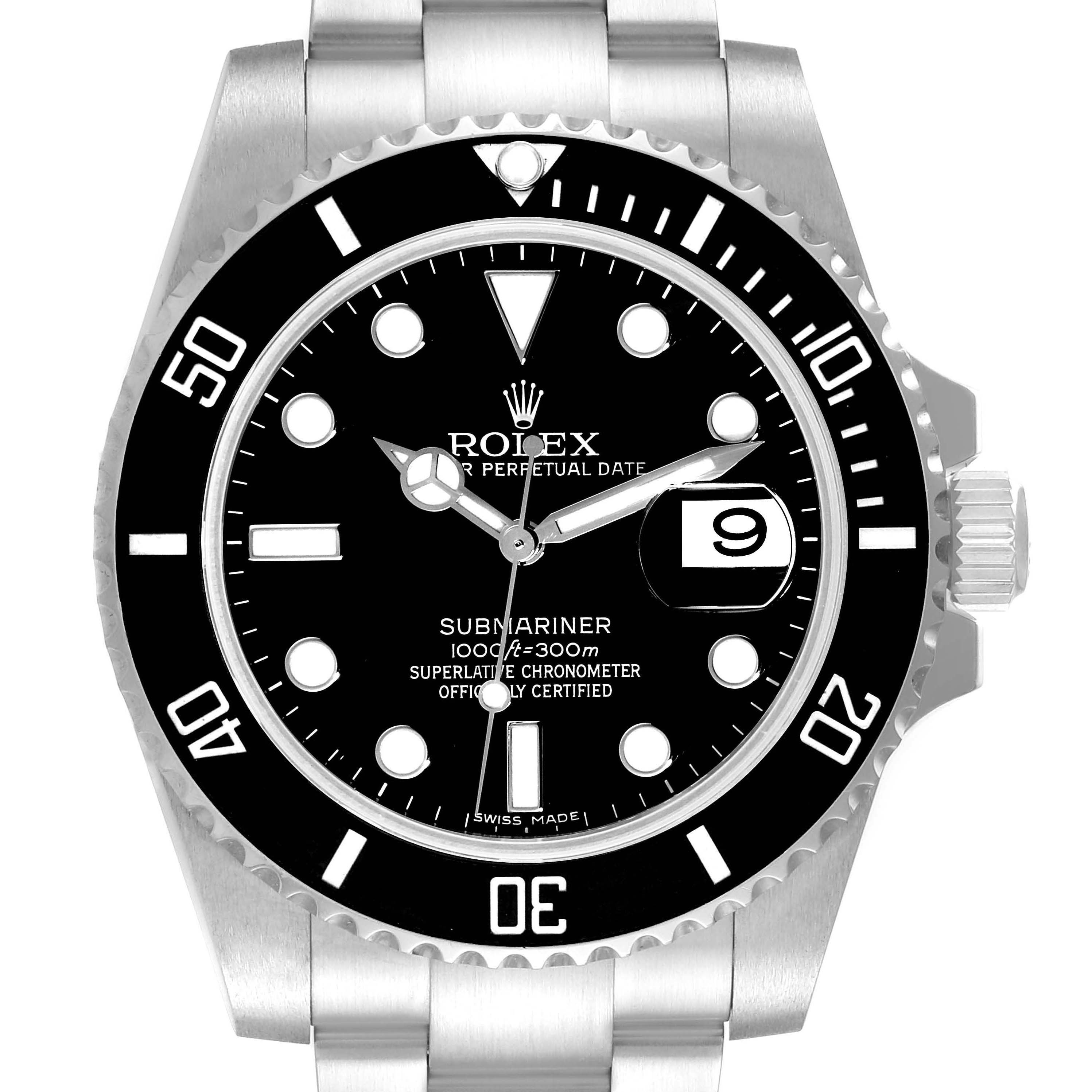 This image shows a front view of the Rolex Submariner 116610 Men
s Stainless Steel Black Dial 116610 Men
s Stainless Steel Black Dial watch, highlighting its black dial, bezel, and stainless steel bracelet.