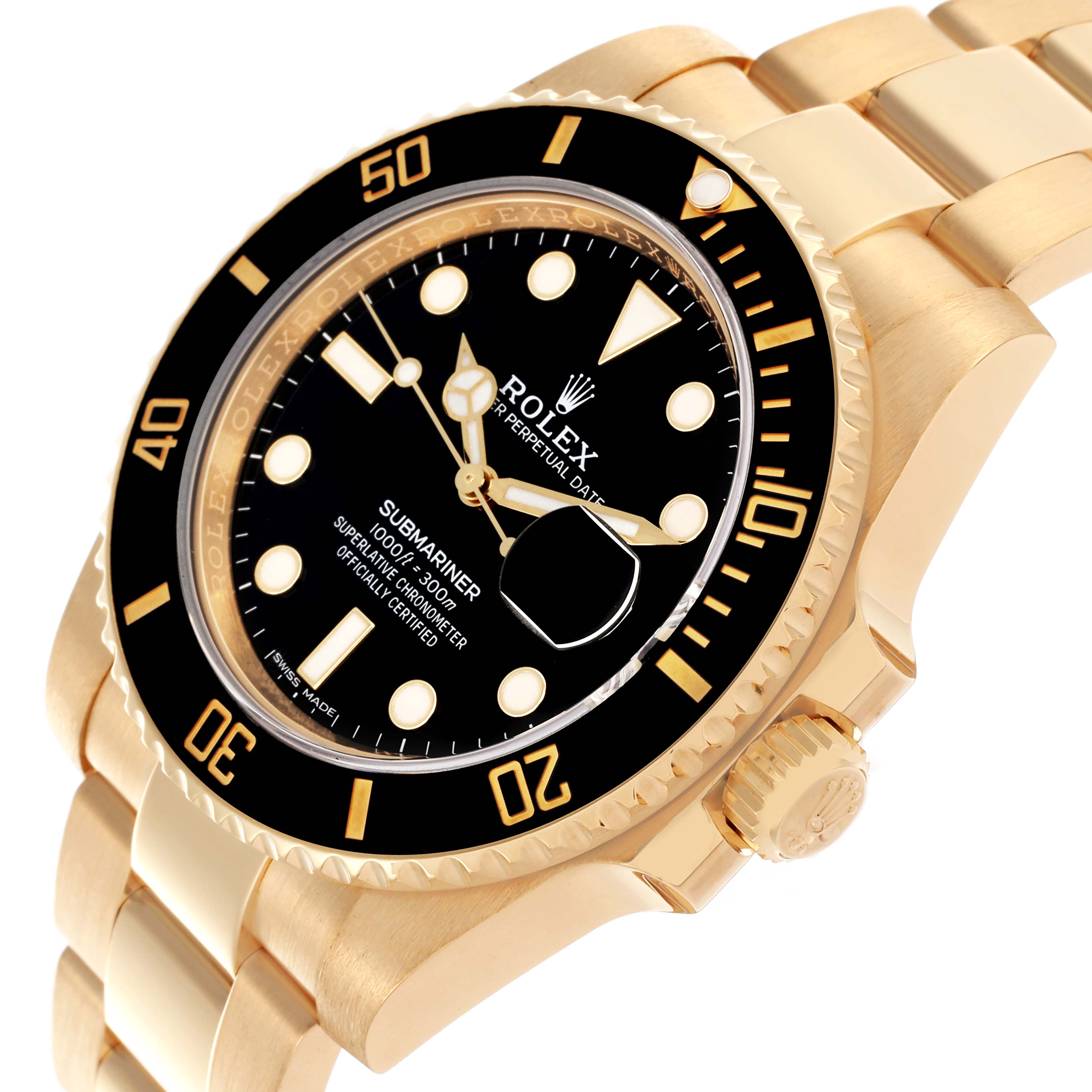 The Rolex Submariner 116618LN Men's Yellow Gold Black Dial 116618LN Men's Yellow Gold Black Dial watch is shown from an angled perspective, highlighting the face, bezel, crown, and part of the bracelet.