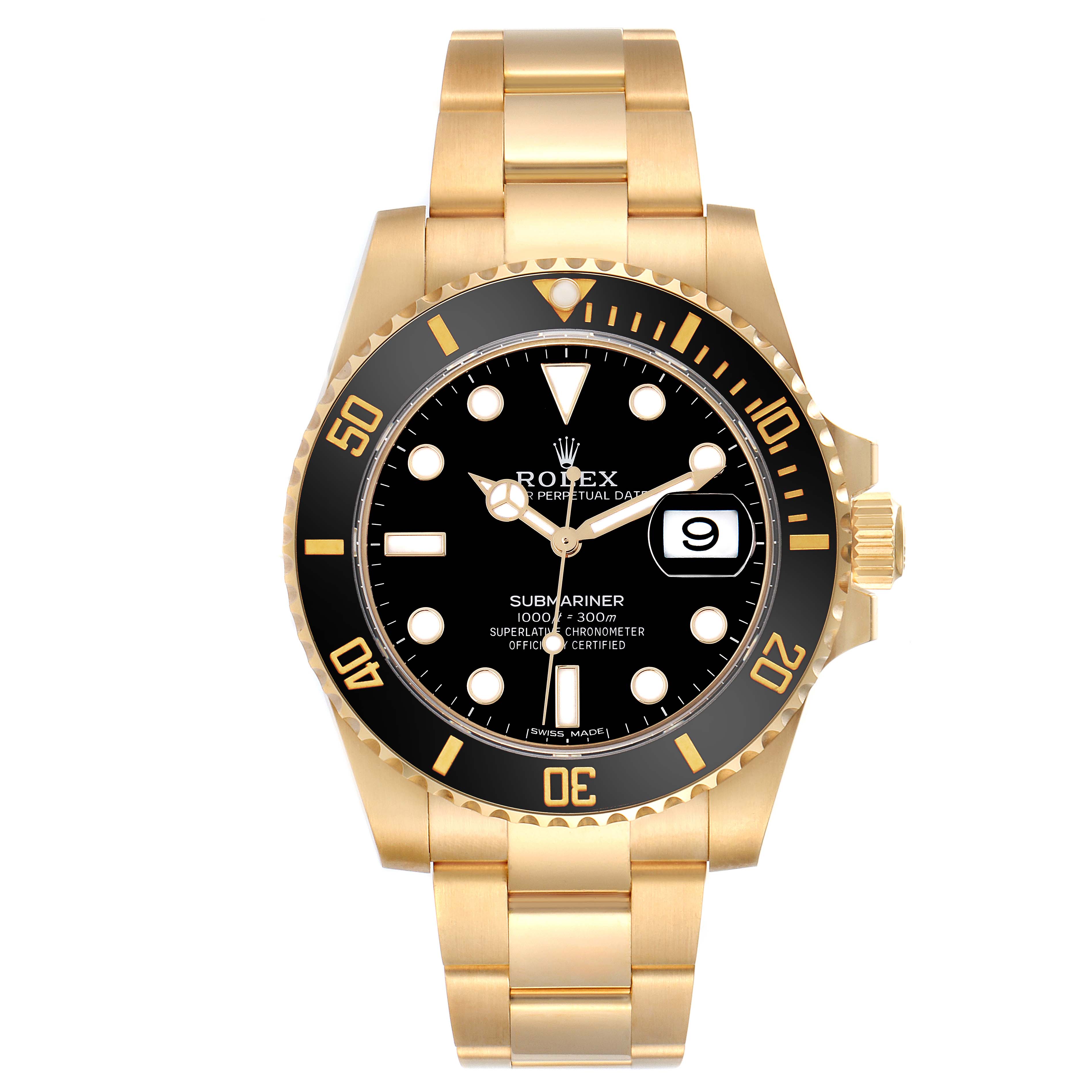 The Rolex Submariner 116618LN Men's Yellow Gold Black Dial 116618LN Men's Yellow Gold Black Dial watch is shown from a front angle displaying the face, bezel, numbers, and band.