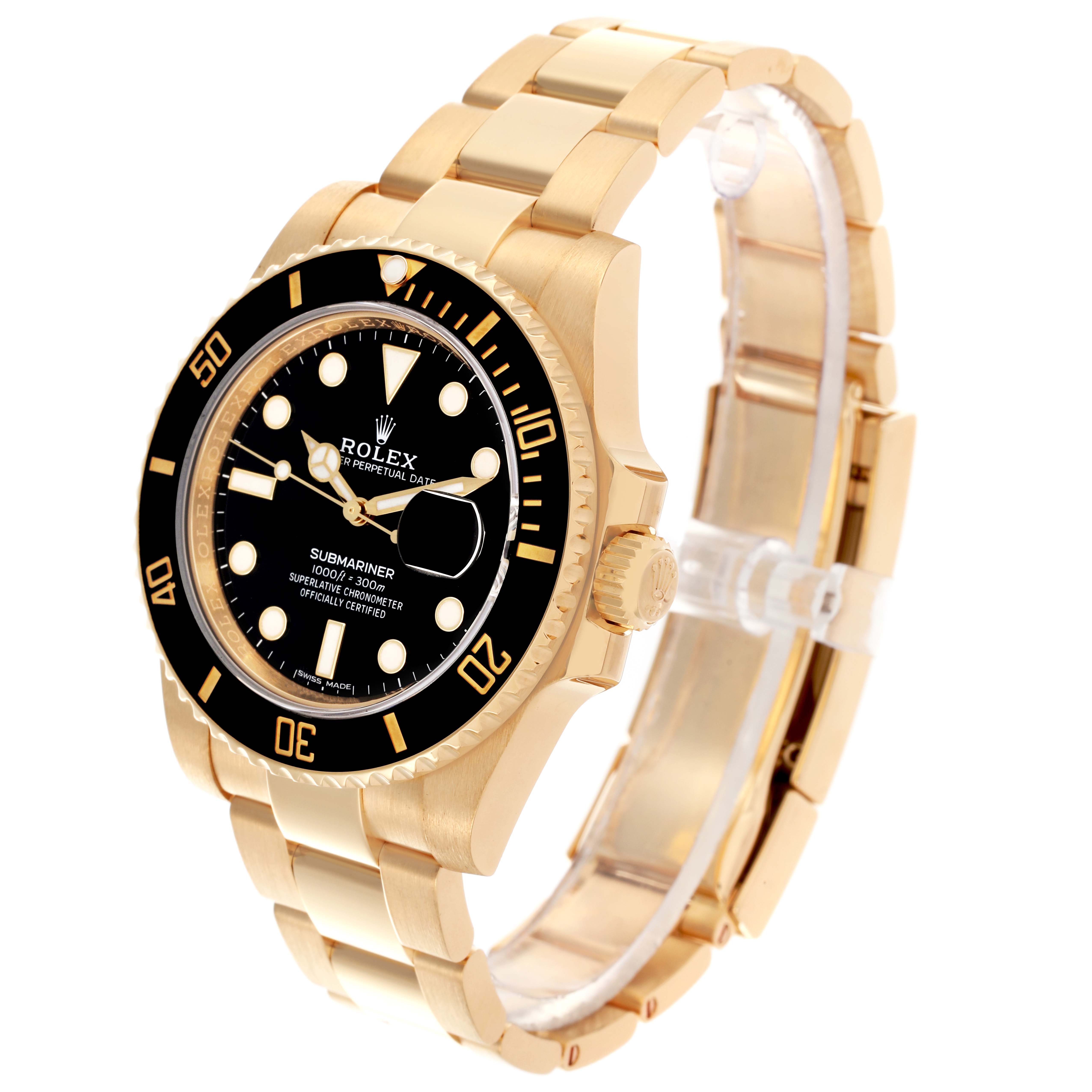 The Rolex Submariner 116618LN Men's Yellow Gold Black Dial 116618LN Men's Yellow Gold Black Dial watch is shown at a three-quarter angle, highlighting the face, bezel, case, and bracelet.