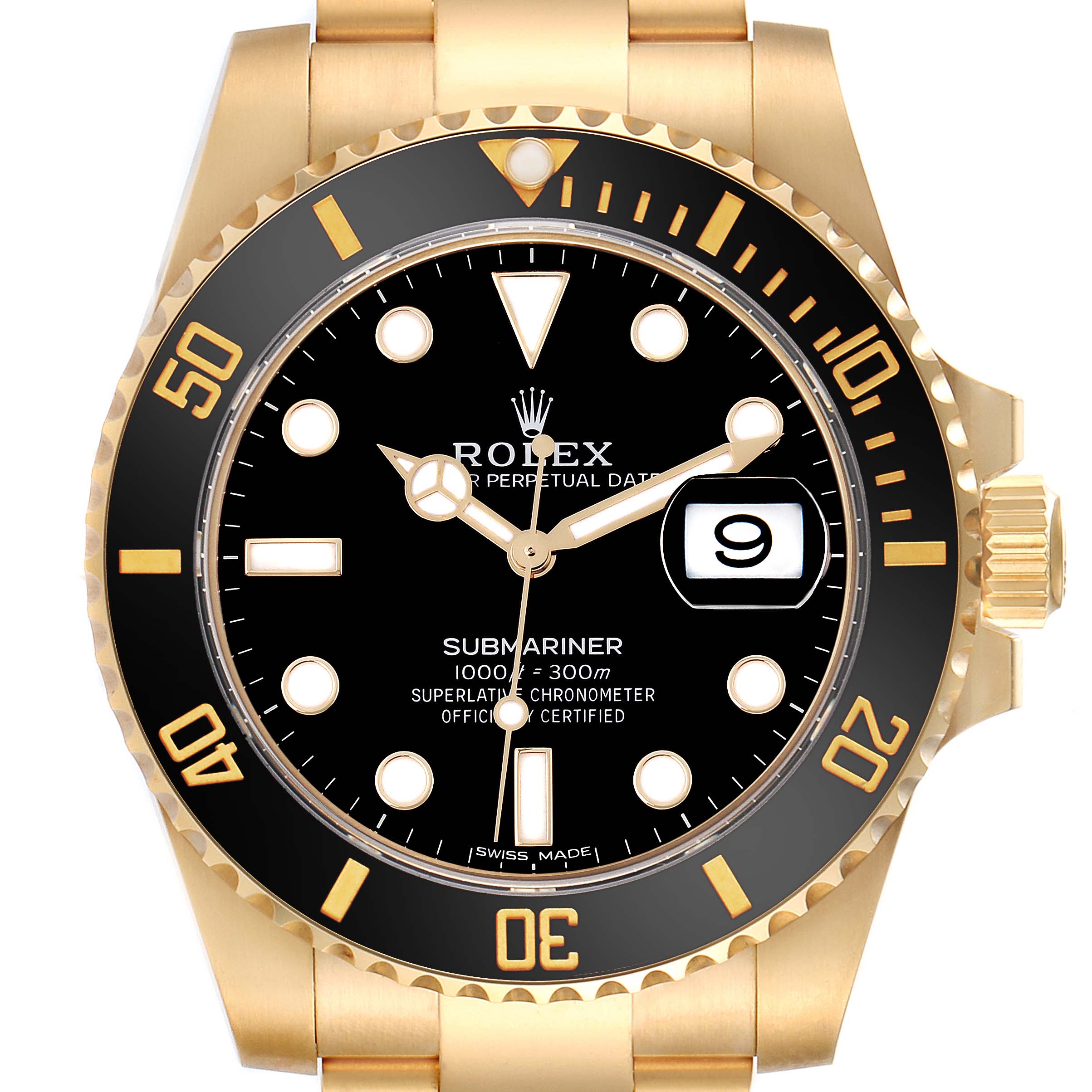 The image shows a Rolex Submariner 116618LN Men's Yellow Gold Black Dial 116618LN Men's Yellow Gold Black Dial watch from a front angle, highlighting the dial, bezel, and crown.