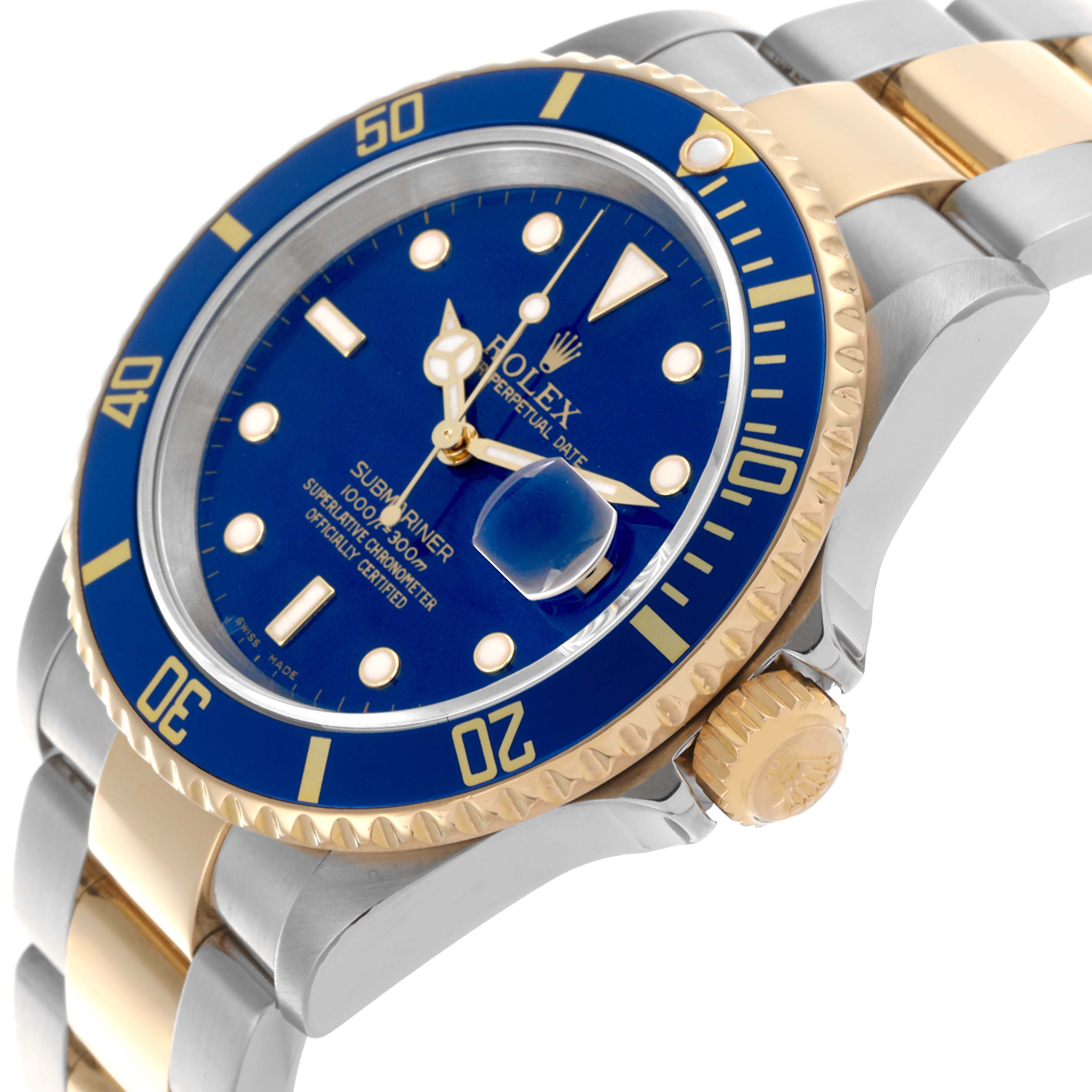 The Rolex Submariner 16613 Men's Steel and Gold (two tone) Blue Dial 16613 Men's Steel and Gold (two tone) Blue Dial watch is shown at a slight angle, highlighting its bezel, dial, and two-tone bracelet.