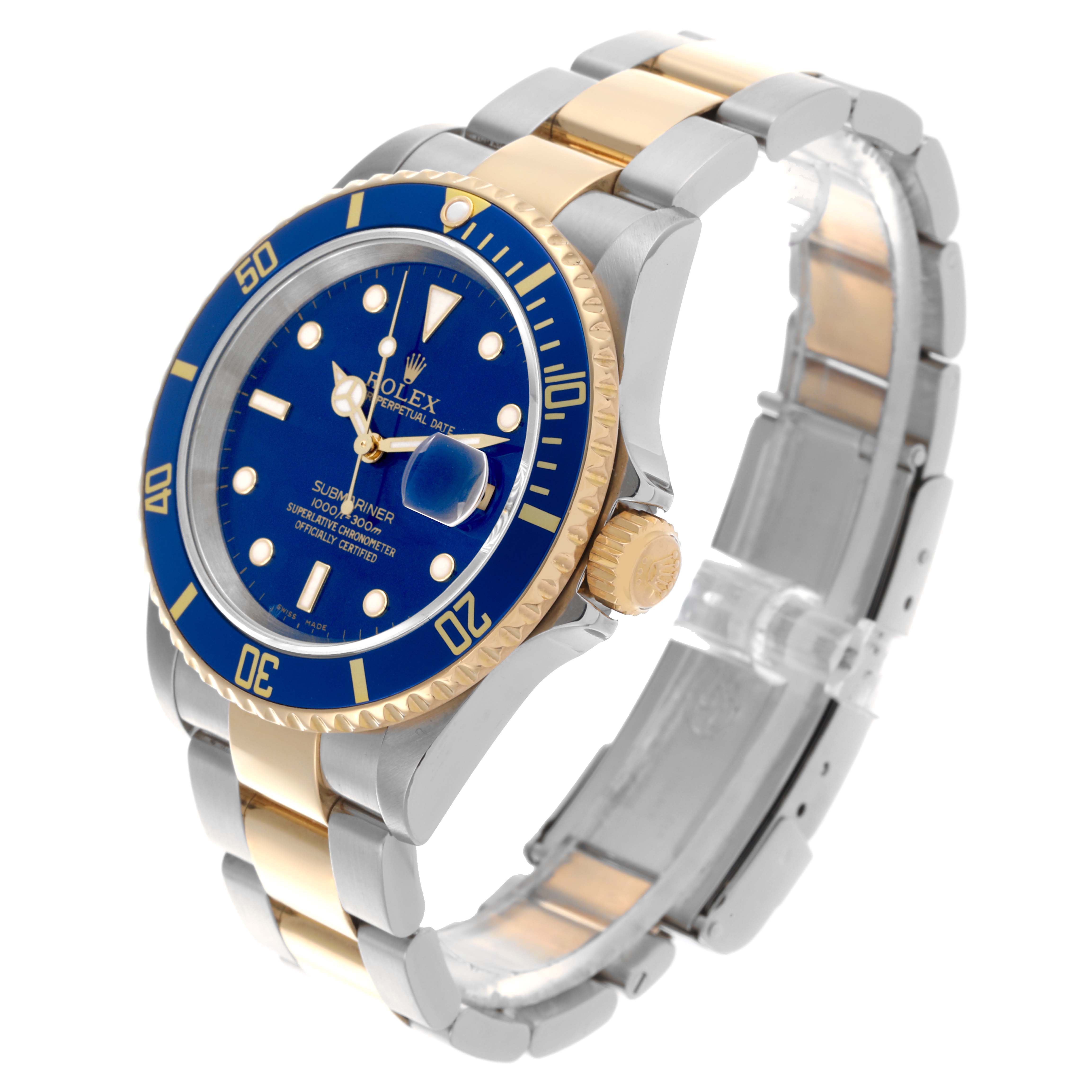 The Rolex Submariner 16613 Men's Steel and Gold (two tone) Blue Dial 16613 Men's Steel and Gold (two tone) Blue Dial watch is shown at an angled view, displaying its blue dial, gold and silver bracelet, and bezel.