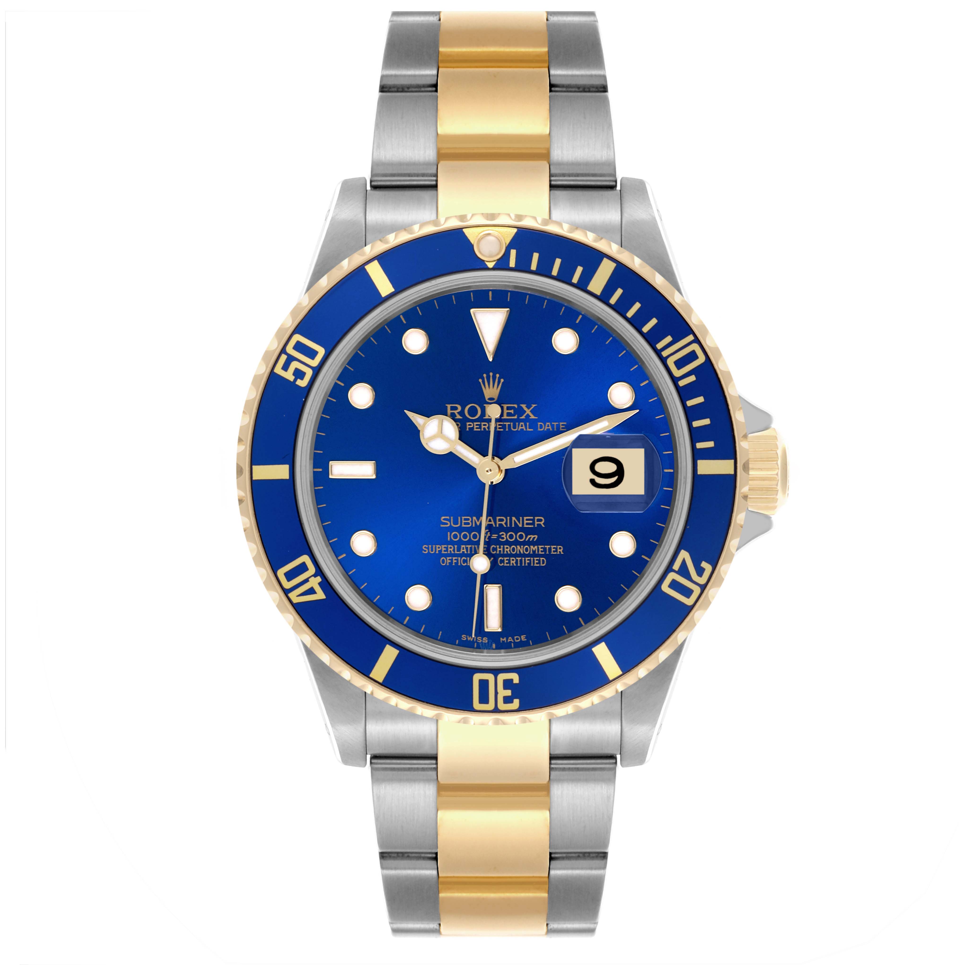 The Rolex Submariner 16613 Men's Steel and Gold (two tone) Blue Dial 16613 Men's Steel and Gold (two tone) Blue Dial watch is shown from a top-down angle, displaying the face, bezel, hands, crown, and bracelet.