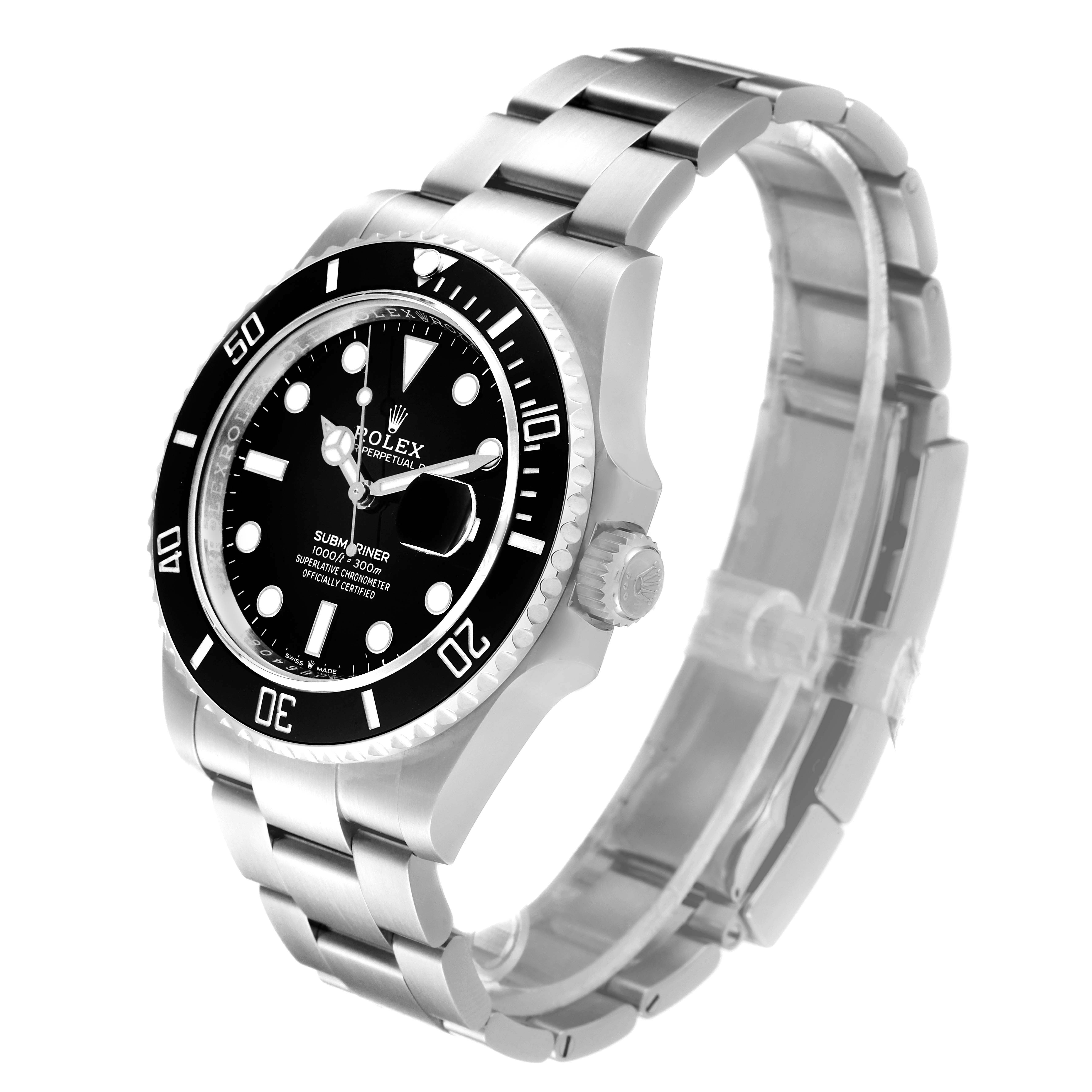 This image displays a Rolex Submariner 126610 Men
s Stainless Steel Black Dial 126610 Men
s Stainless Steel Black Dial watch at a front-side angle, highlighting the bezel, dial, band, and crown.
