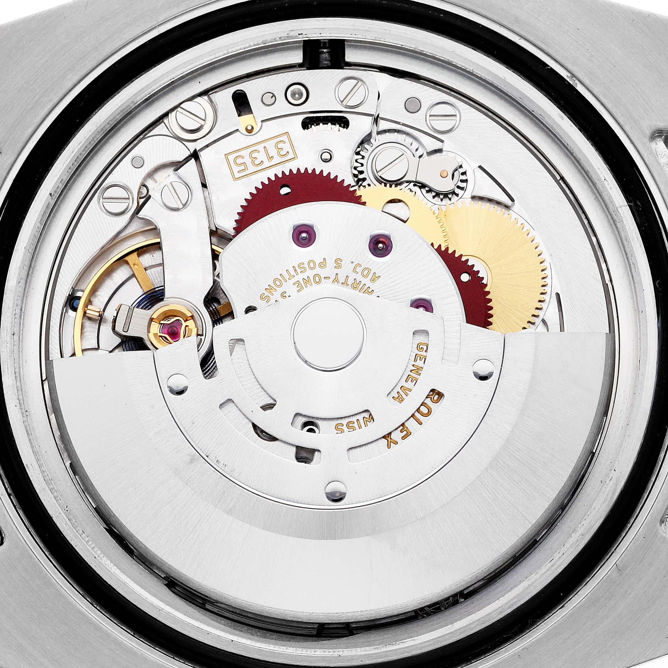 The image shows the movement of a Rolex Submariner 116610LV Men's Stainless Steel Green Dial 116610LV Men's Stainless Steel Green Dial watch from a top-down internal view, highlighting gears and mechanical components.
