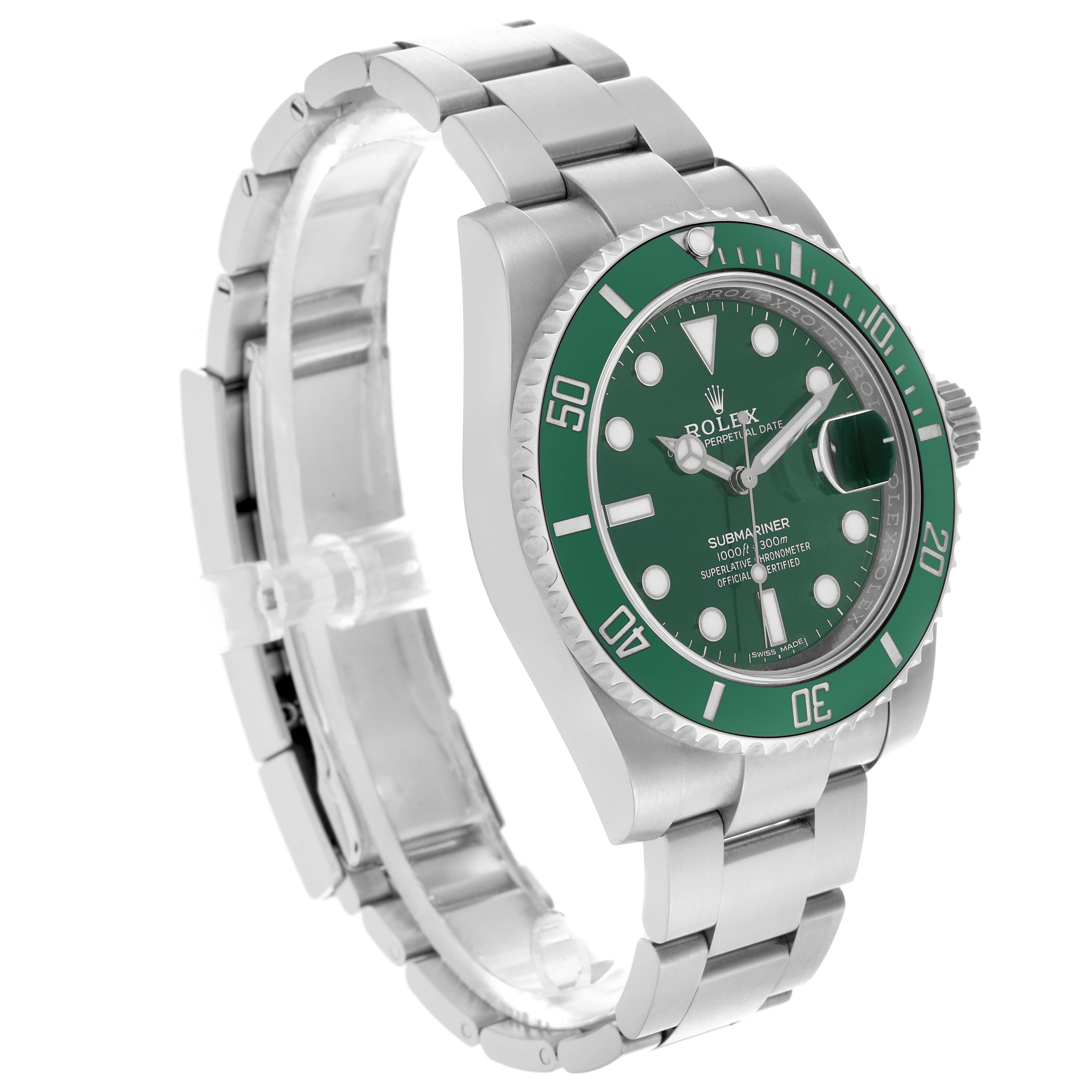 The Rolex Submariner 116610LV Men's Stainless Steel Green Dial 116610LV Men's Stainless Steel Green Dial is shown at a three-quarter angle, highlighting the green bezel, dial, crown, and stainless steel bracelet.