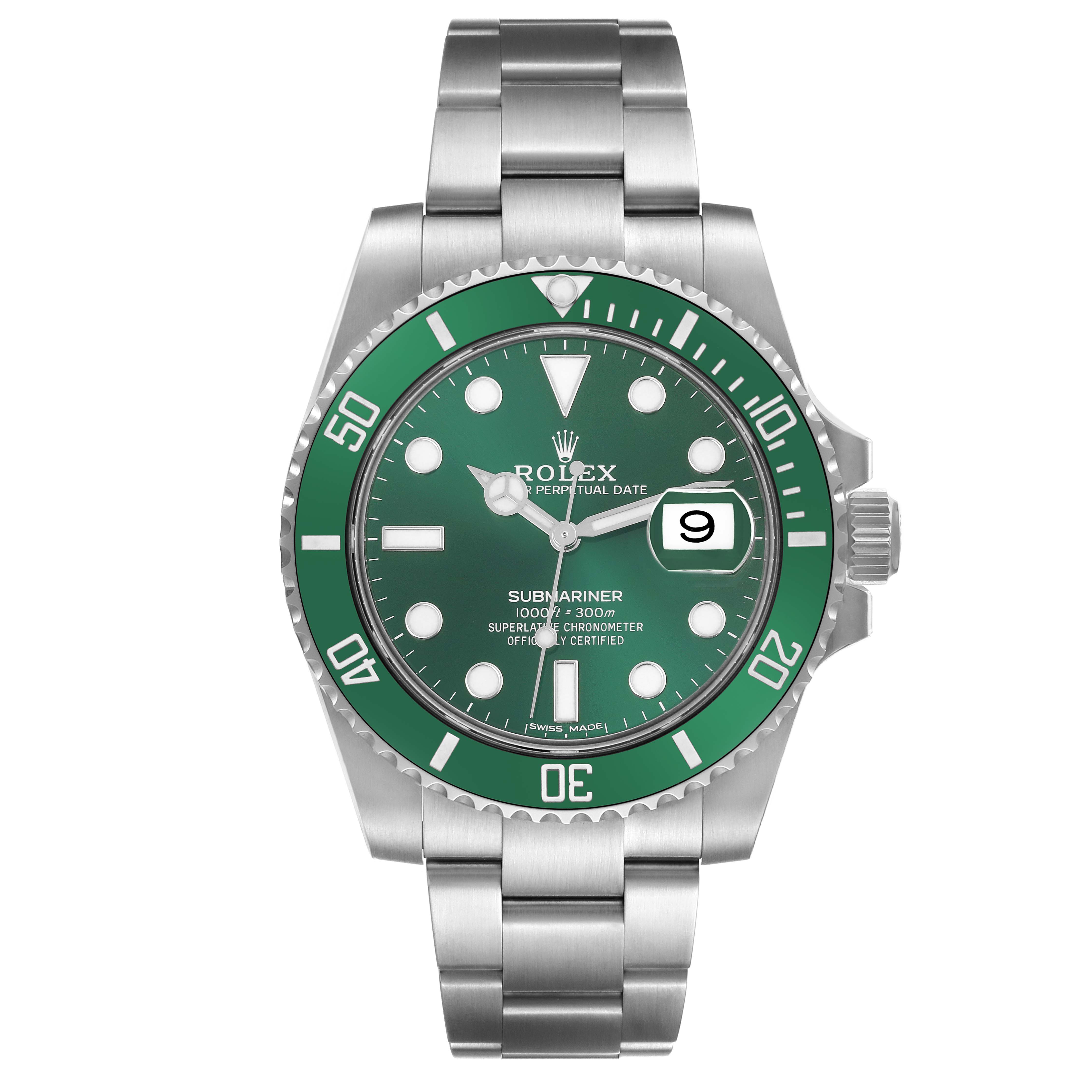 The Rolex Submariner 116610LV Men's Stainless Steel Green Dial 116610LV Men's Stainless Steel Green Dial watch is shown from a front angle, displaying the dial, bezel, and bracelet.