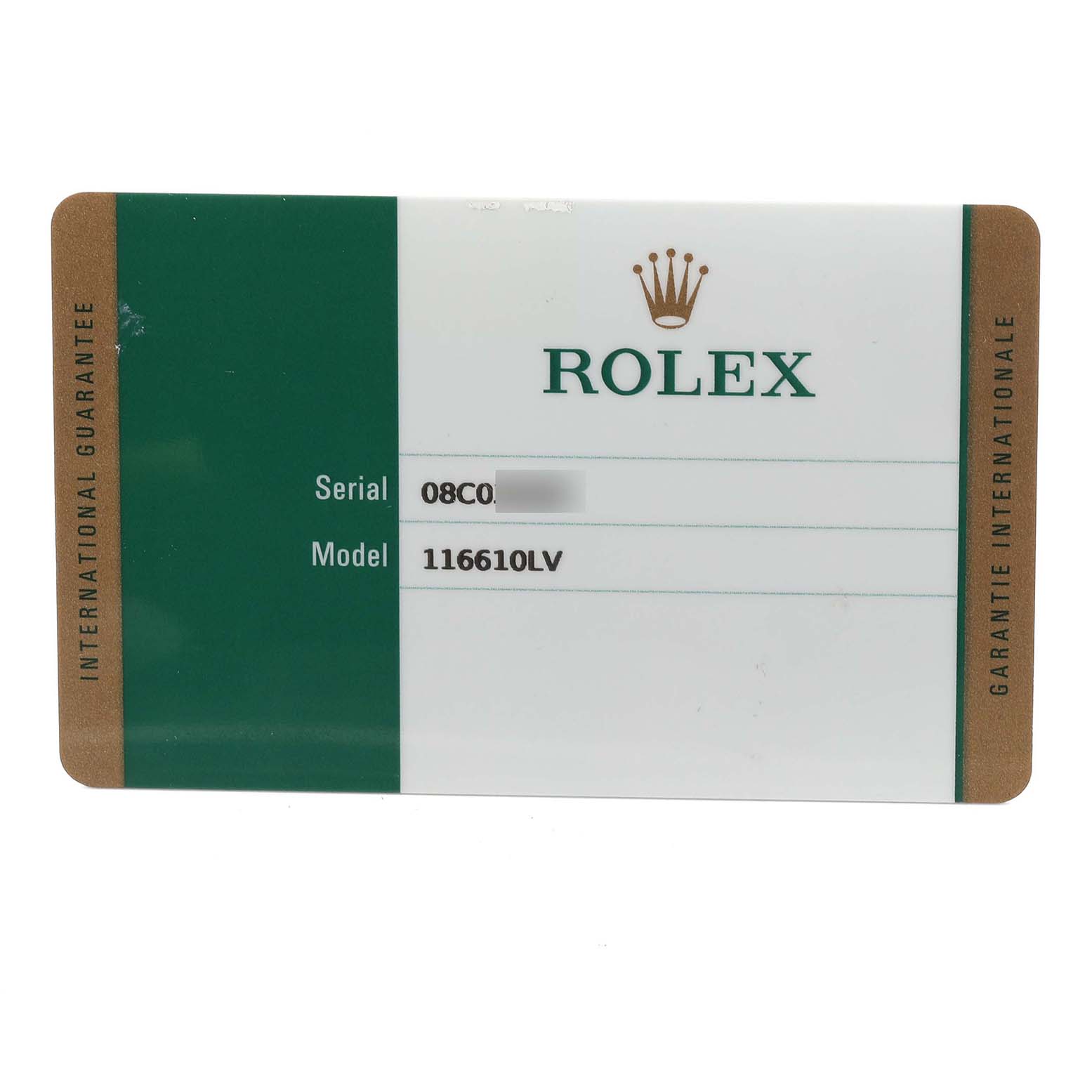 The image showcases the international guarantee card for the Rolex Submariner 116610LV Men's Stainless Steel Green Dial 116610LV Men's Stainless Steel Green Dial model 116610LV.
