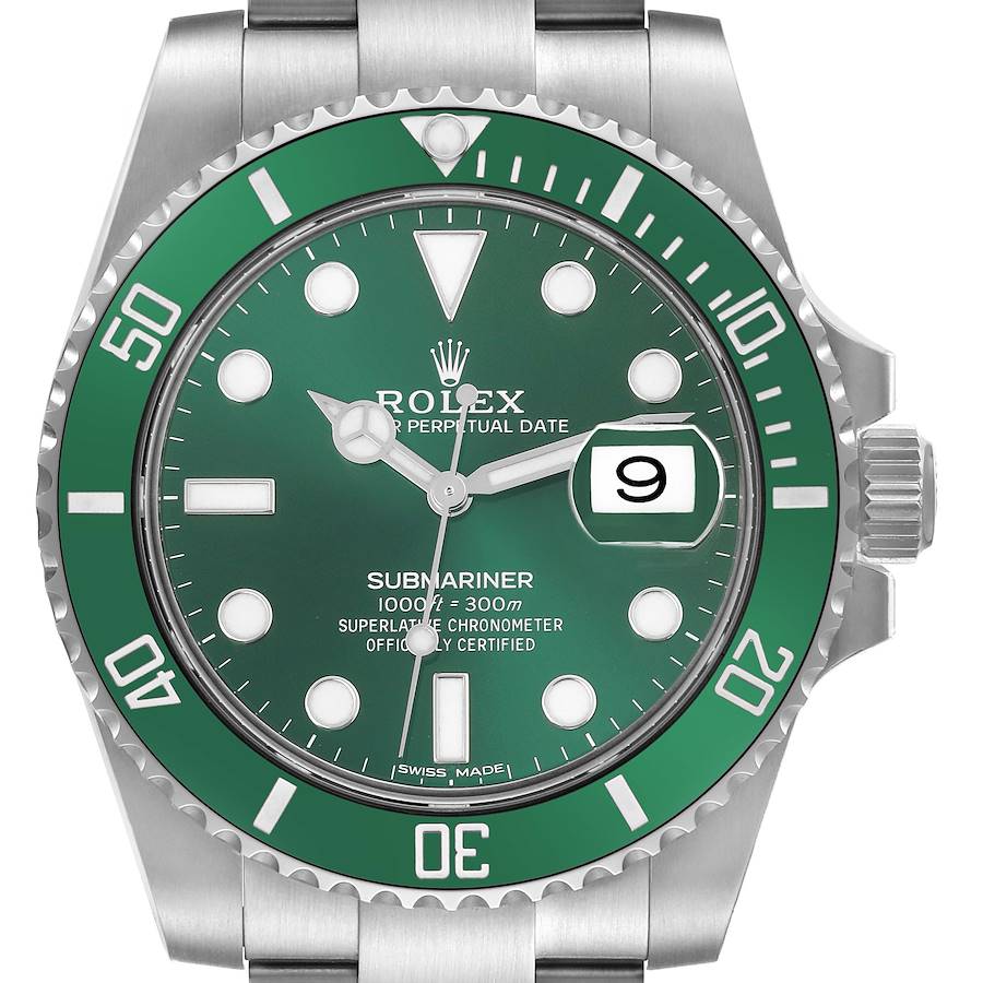 The Rolex Submariner is shown from a front angle, highlighting the green dial, bezel, hands, and date window.