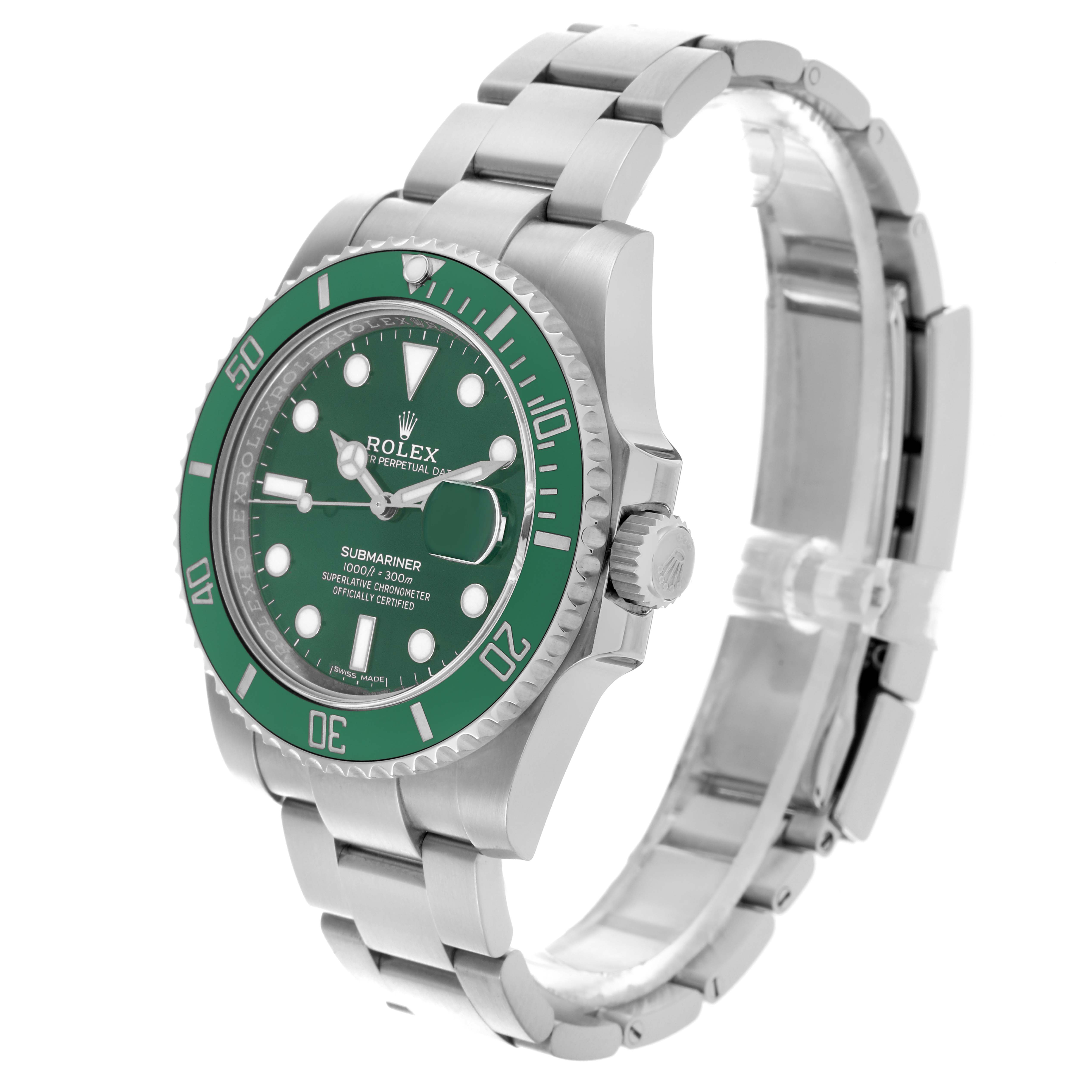 The Rolex Submariner 116610LV Men's Stainless Steel Green Dial 116610LV Men's Stainless Steel Green Dial watch is shown at a three-quarter angle, highlighting the green bezel, dial, and stainless steel bracelet.