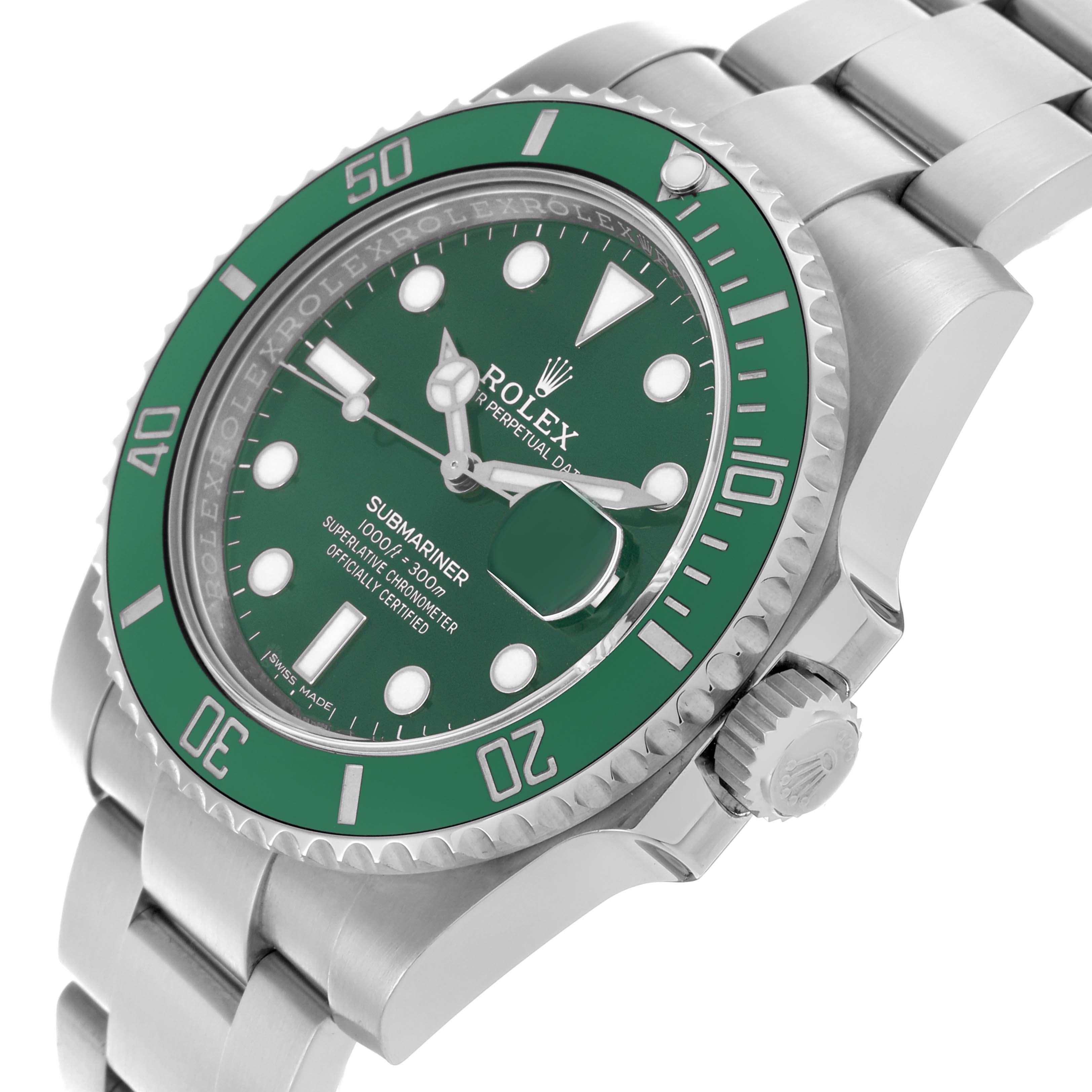 The Rolex Submariner 116610LV Men's Stainless Steel Green Dial 116610LV Men's Stainless Steel Green Dial watch is shown at an angle highlighting the green bezel, dial, and part of the bracelet.