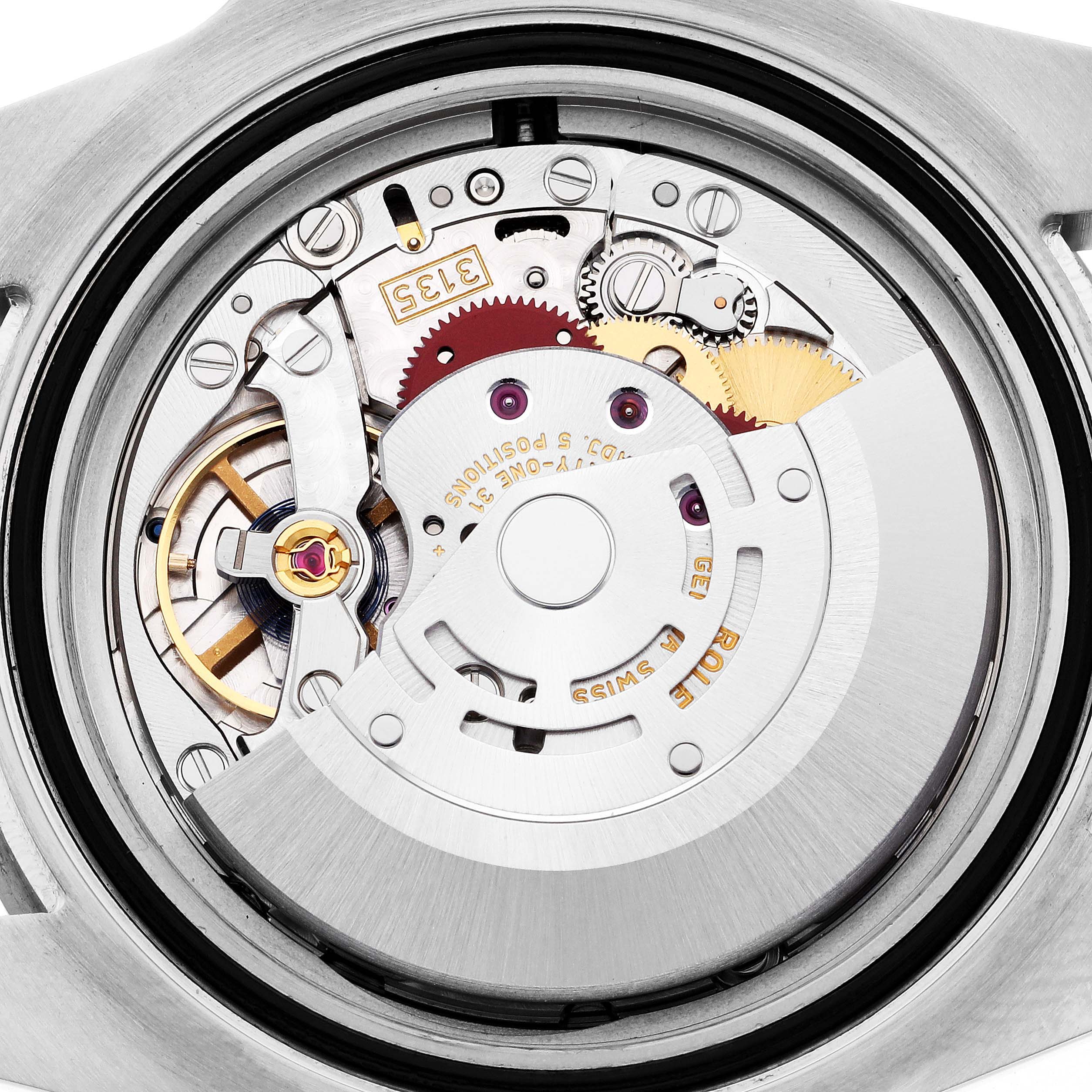 The image shows an overhead view of the Rolex Submariner 116610LV Men's Stainless Steel Green Dial 116610LV Men's Stainless Steel Green Dial's movement, highlighting its intricate mechanical parts.