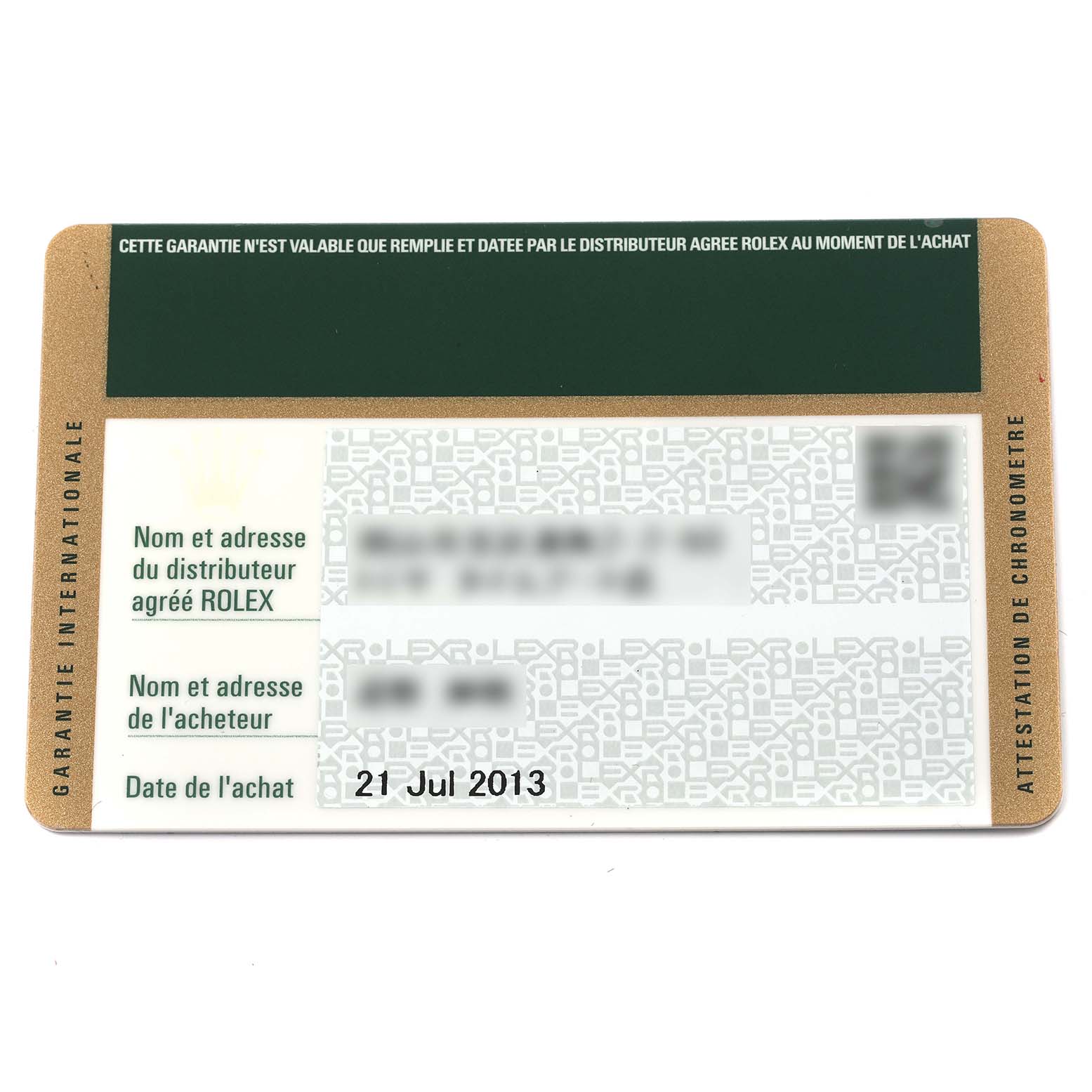 This image shows a warranty card for a Rolex Submariner 116610LV Men's Stainless Steel Green Dial 116610LV Men's Stainless Steel Green Dial model, displaying purchase details.