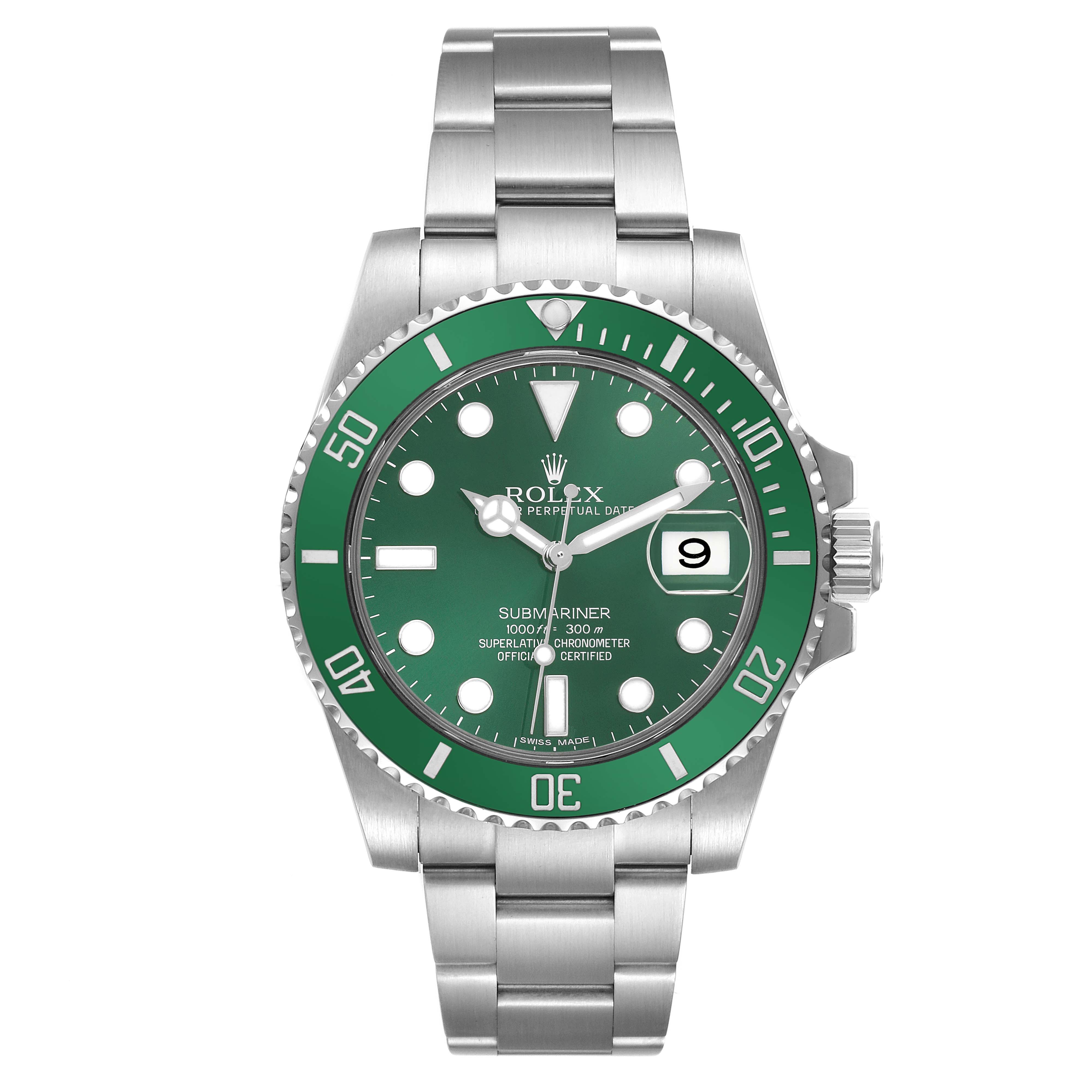 The Rolex Submariner 116610LV Men's Stainless Steel Green Dial 116610LV Men's Stainless Steel Green Dial watch is shown from a front angle, highlighting the green dial, bezel, and stainless steel bracelet.