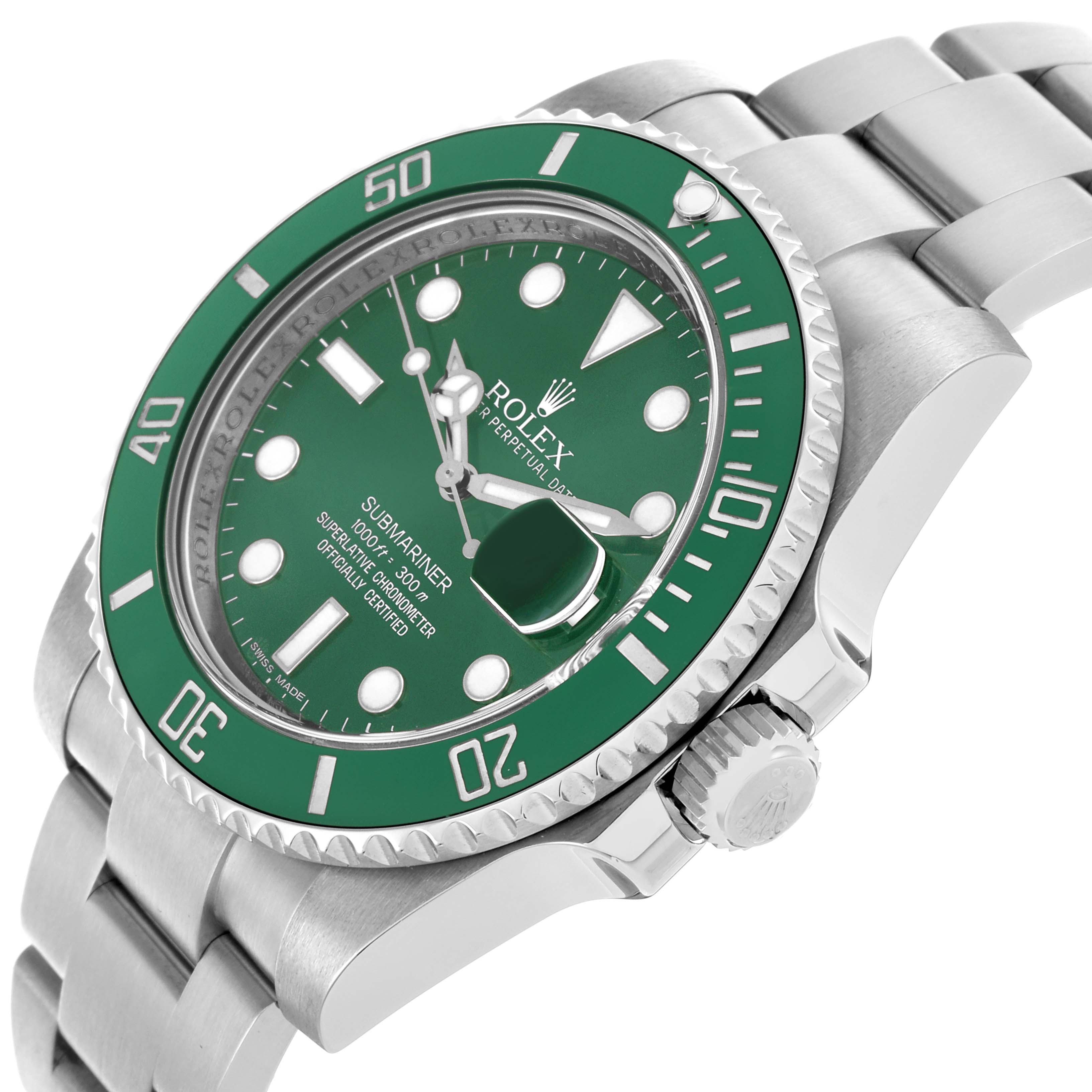 The Rolex Submariner 116610LV Men's Stainless Steel Green Dial 116610LV Men's Stainless Steel Green Dial is shown from a side angle highlighting the green bezel, dial, and crown.