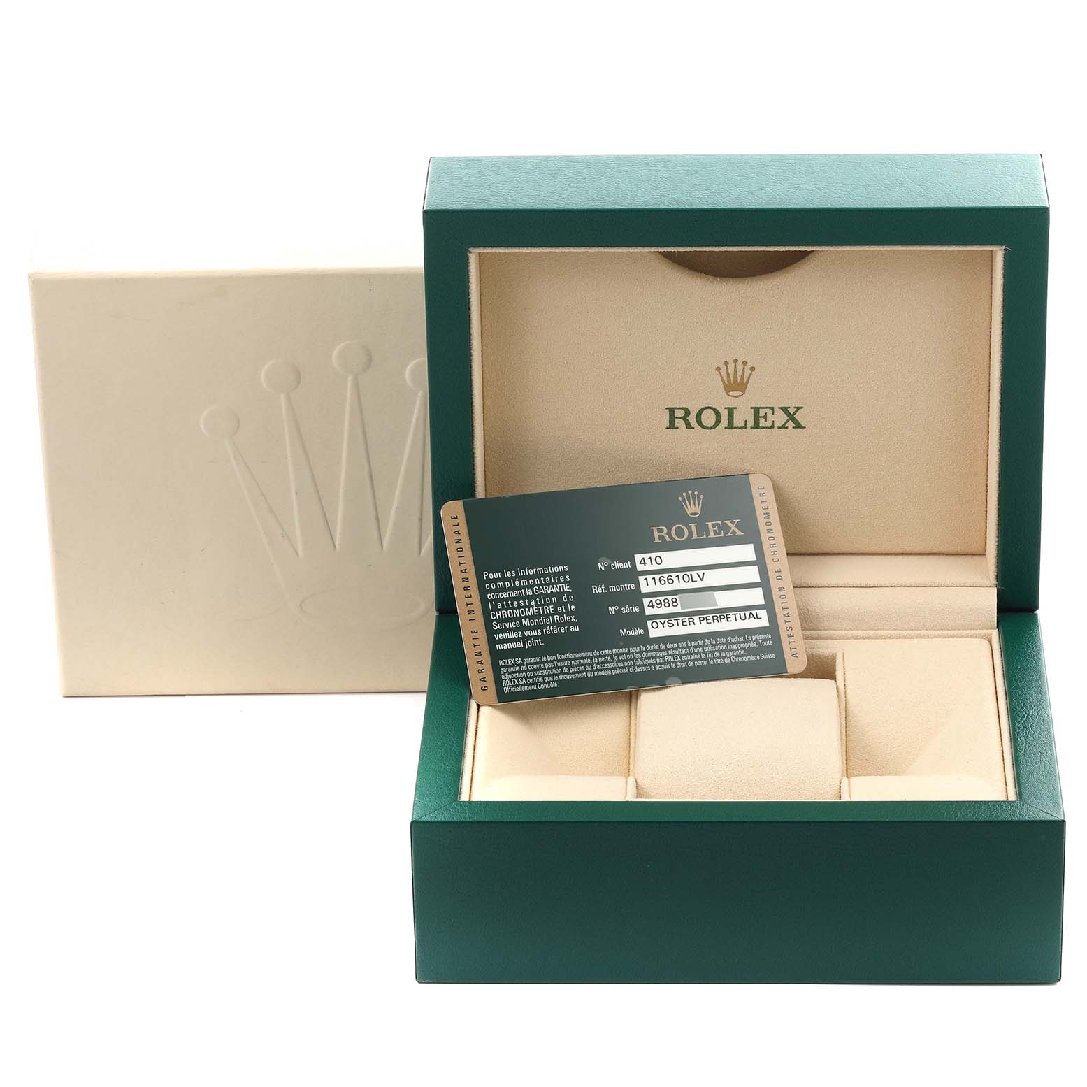 The image shows a Rolex Submariner 116610LV Men's Stainless Steel Green Dial 116610LV Men's Stainless Steel Green Dial box, warranty card, and packaging from a front angle.