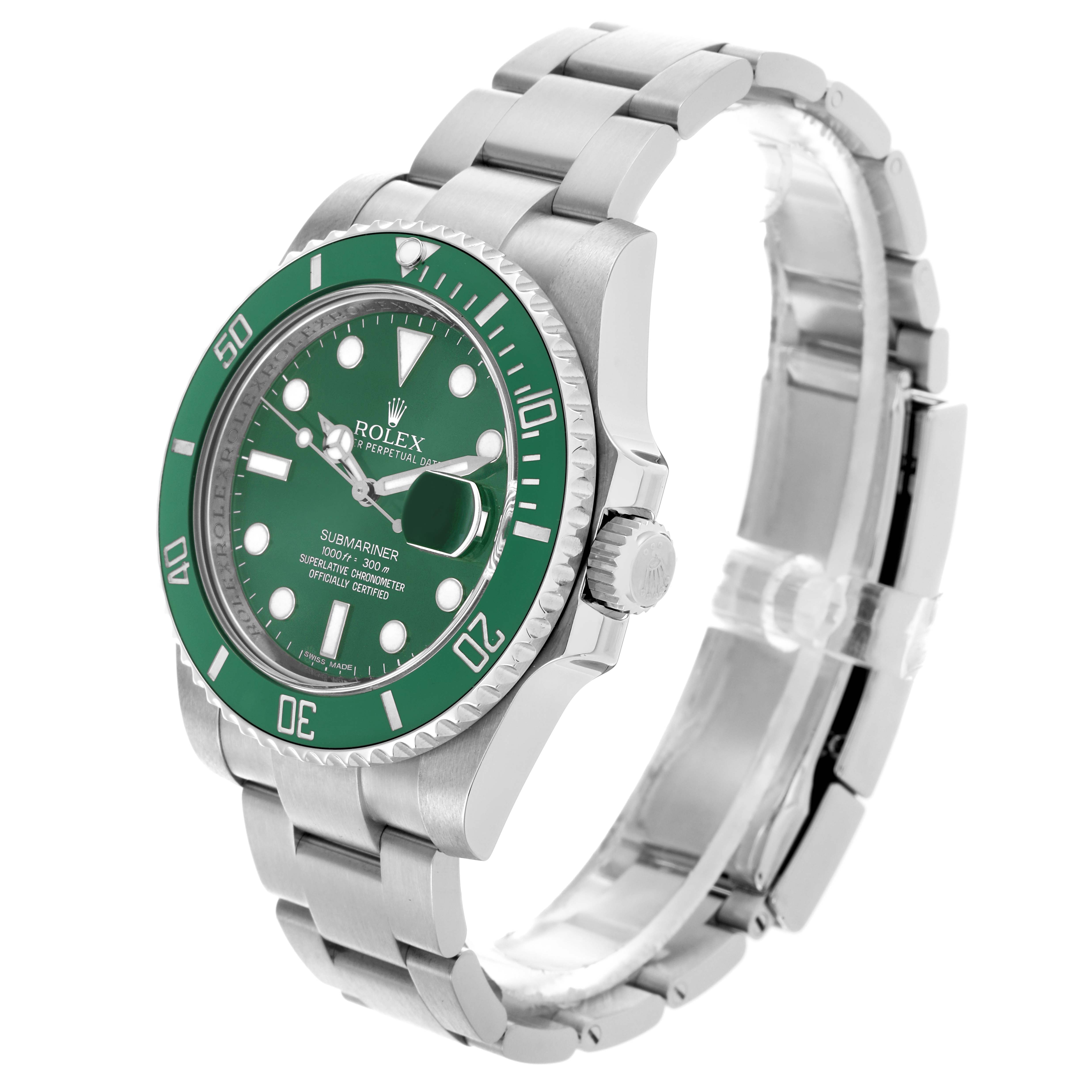 The Rolex Submariner 116610LV Men's Stainless Steel Green Dial 116610LV Men's Stainless Steel Green Dial watch is shown at a three-quarter angle, highlighting the green dial, bezel, and metal bracelet.