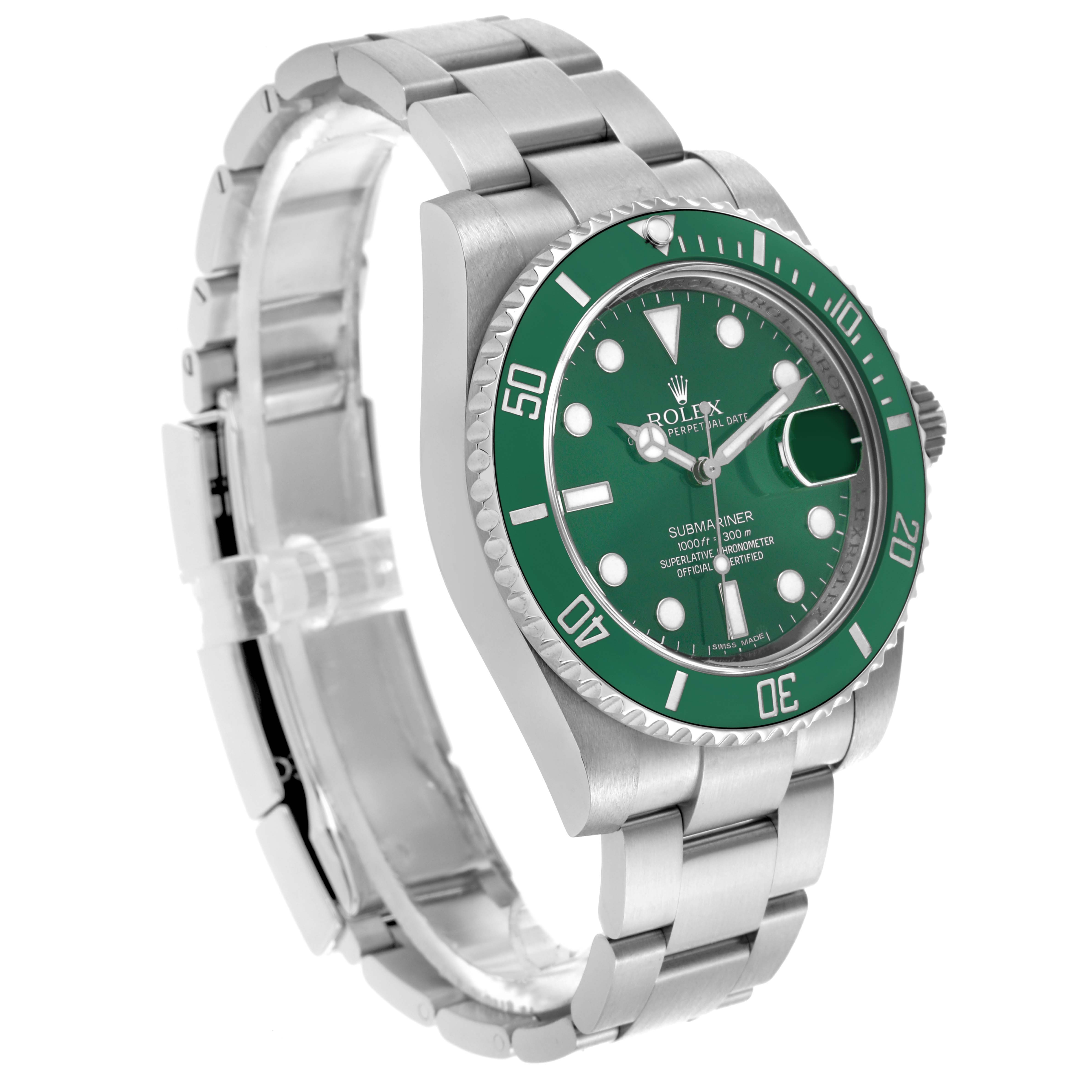 The Rolex Submariner 116610LV Men's Stainless Steel Green Dial 116610LV Men's Stainless Steel Green Dial is shown at a three-quarter angle, highlighting the green dial, bezel, and stainless steel bracelet.