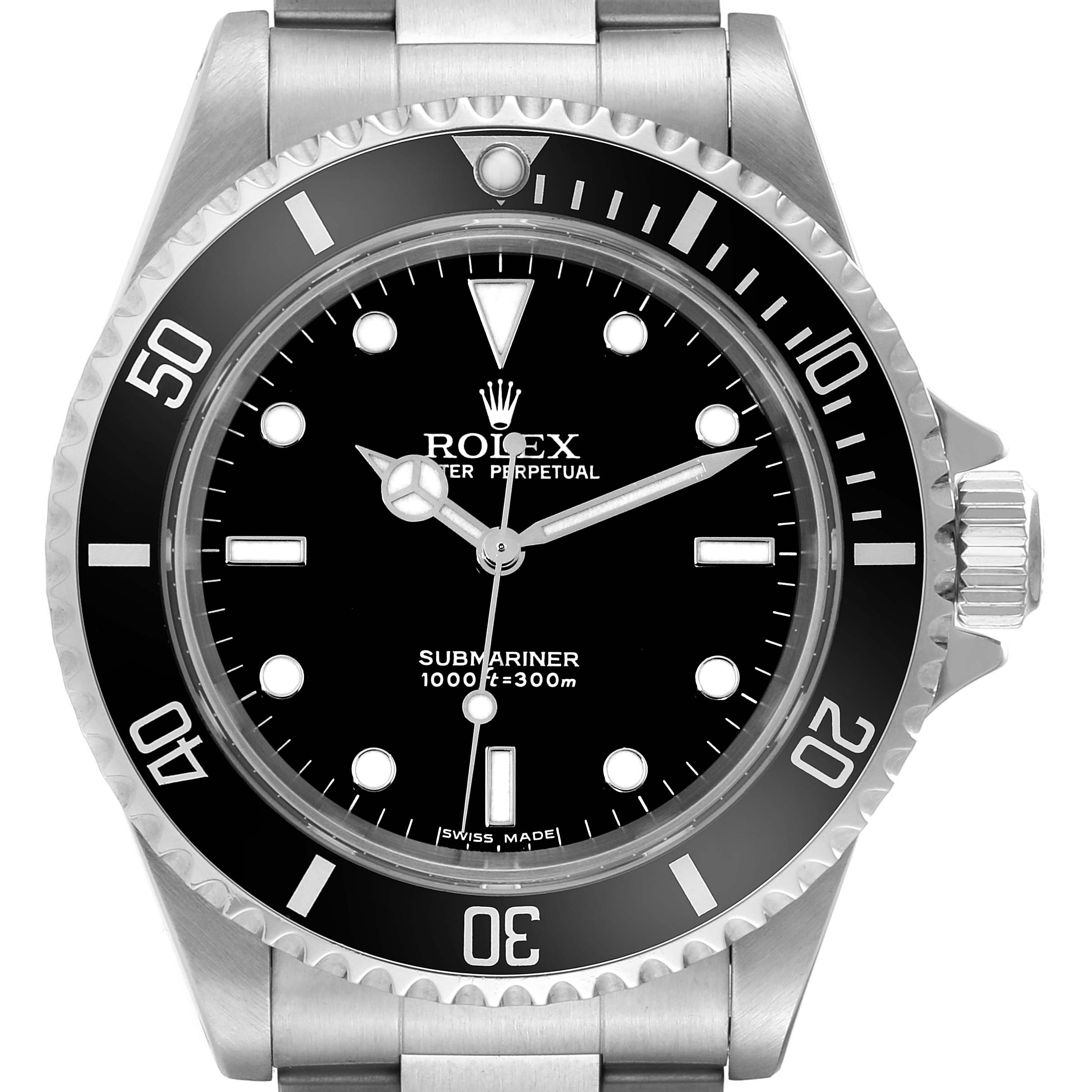 The image shows a front view of the Rolex Submariner 14060M Men
s Stainless Steel Black Dial 14060M Men
s Stainless Steel Black Dial watch, displaying its dial, bezel, and part of its metal bracelet.