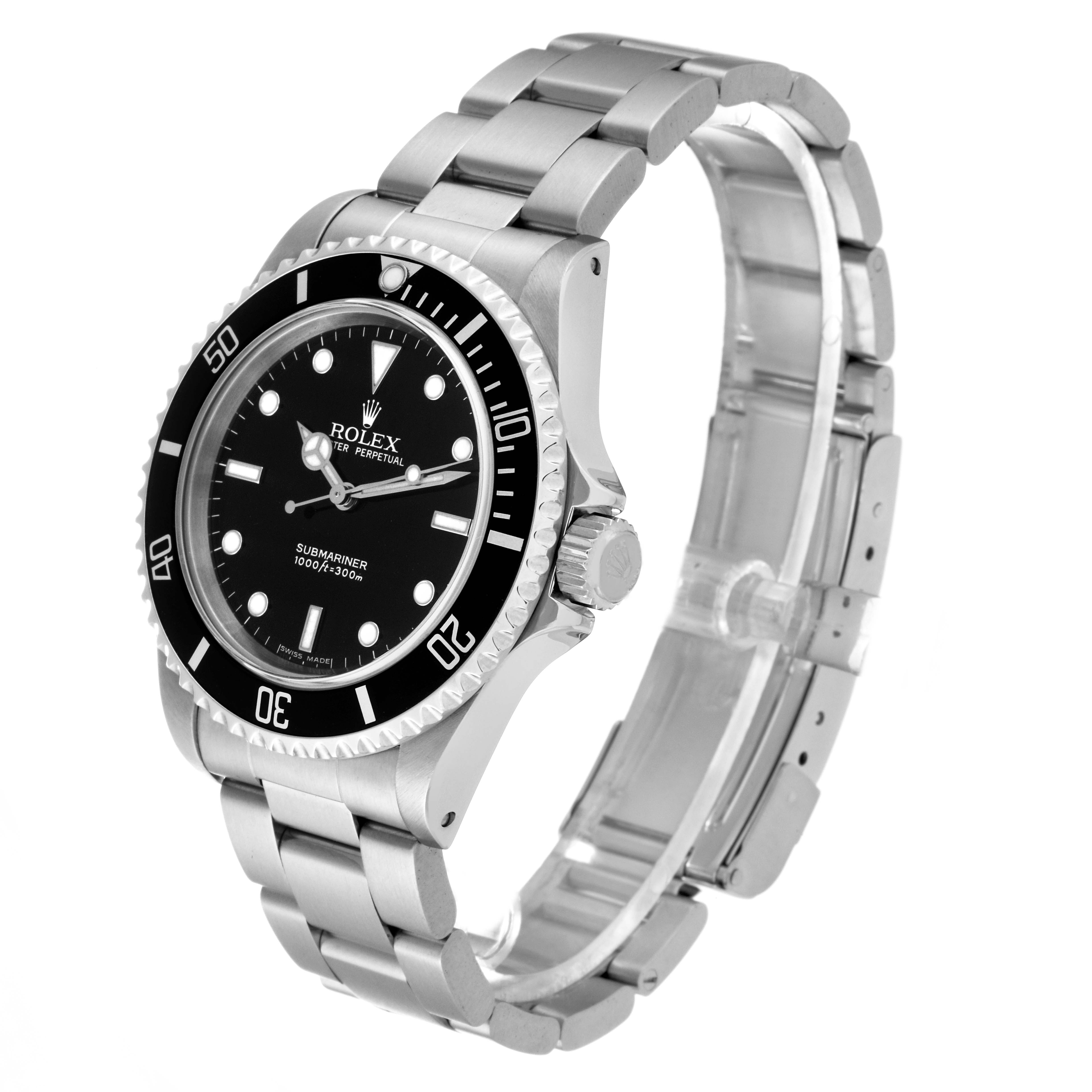 The image shows the Rolex Submariner 14060M Men
s Stainless Steel Black Dial 14060M Men
s Stainless Steel Black Dial watch from a right-front angle, highlighting the face, bezel, crown, and part of the bracelet.