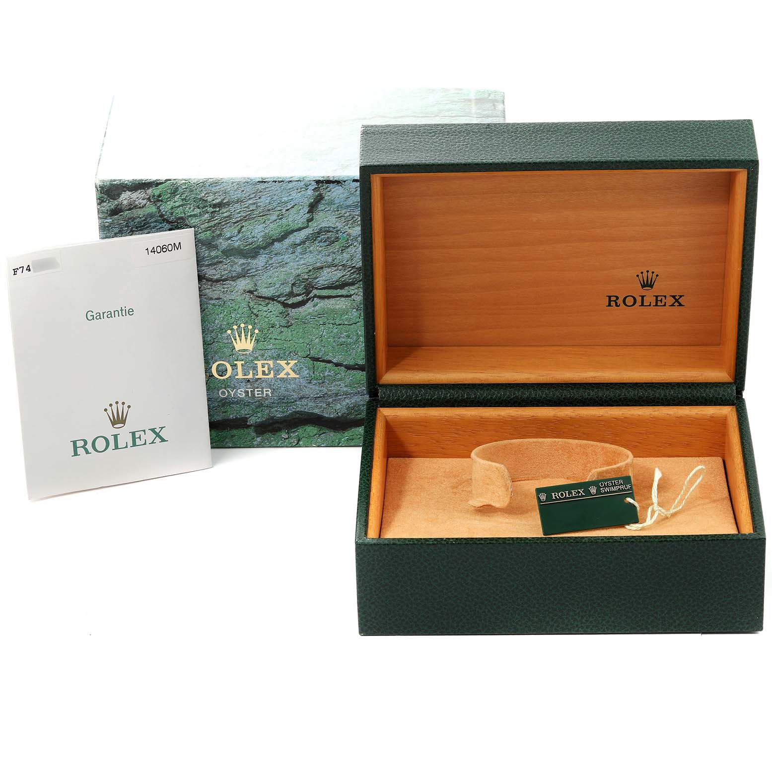 The image shows a Rolex Submariner 14060M Men
s Stainless Steel Black Dial 14060M Men
s Stainless Steel Black Dial watch box, including the outer box, inner box, tag, and warranty booklet.