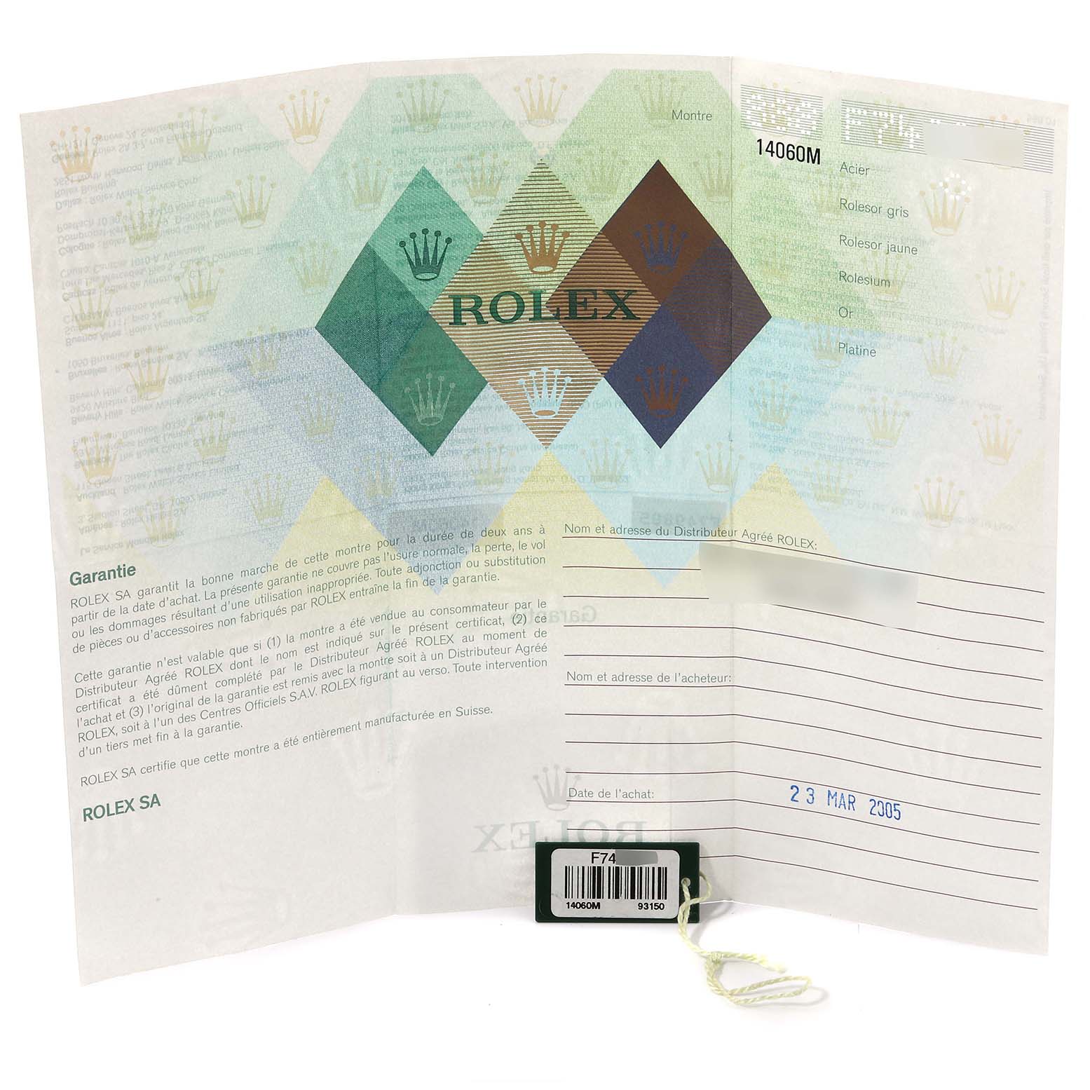 The image shows the warranty card and associated documents for a Rolex Submariner 14060M Men
s Stainless Steel Black Dial 14060M Men
s Stainless Steel Black Dial model, with model number 14060M.