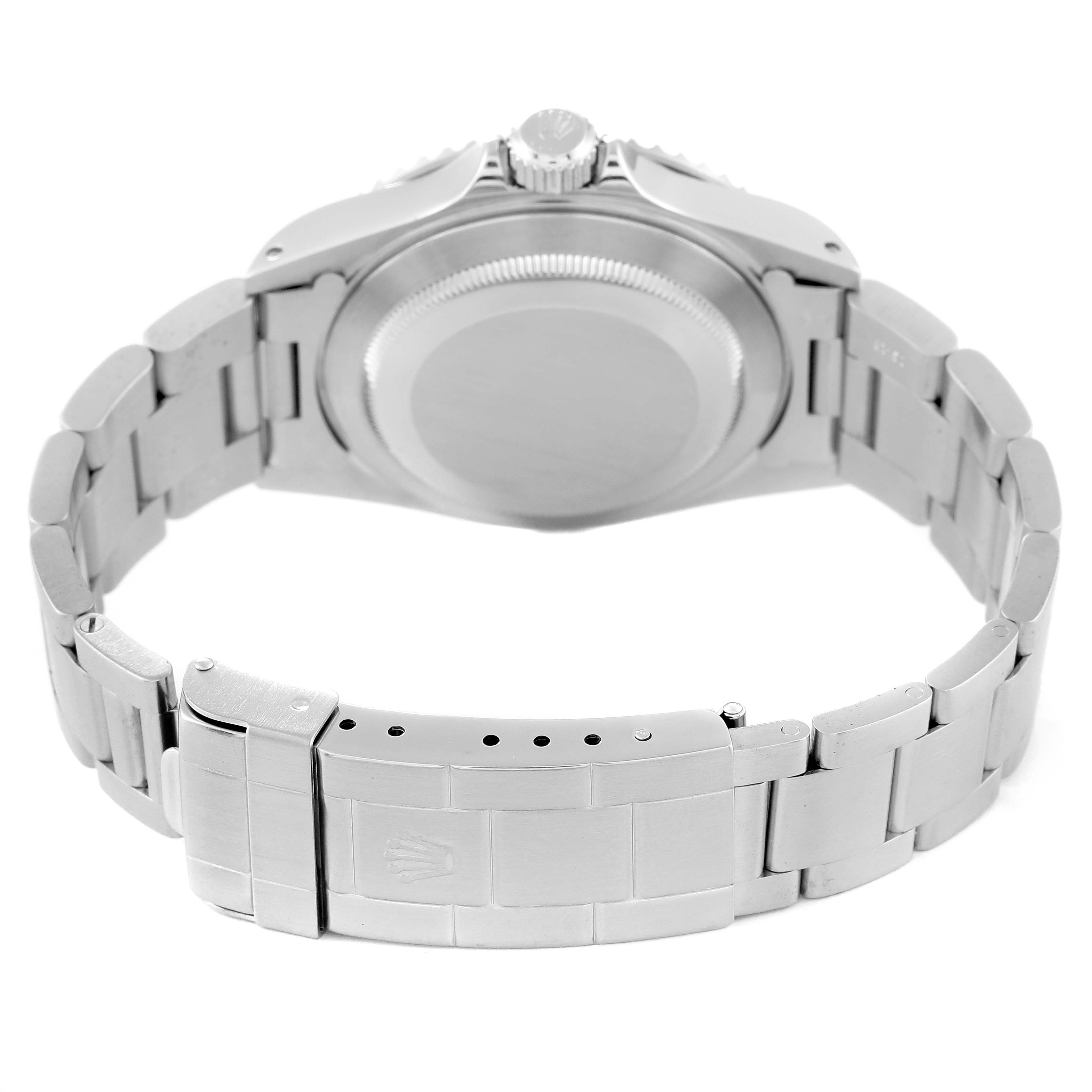 This image shows the back and bracelet of a Rolex Submariner 14060M Men
s Stainless Steel Black Dial 14060M Men
s Stainless Steel Black Dial watch from a rear angle.