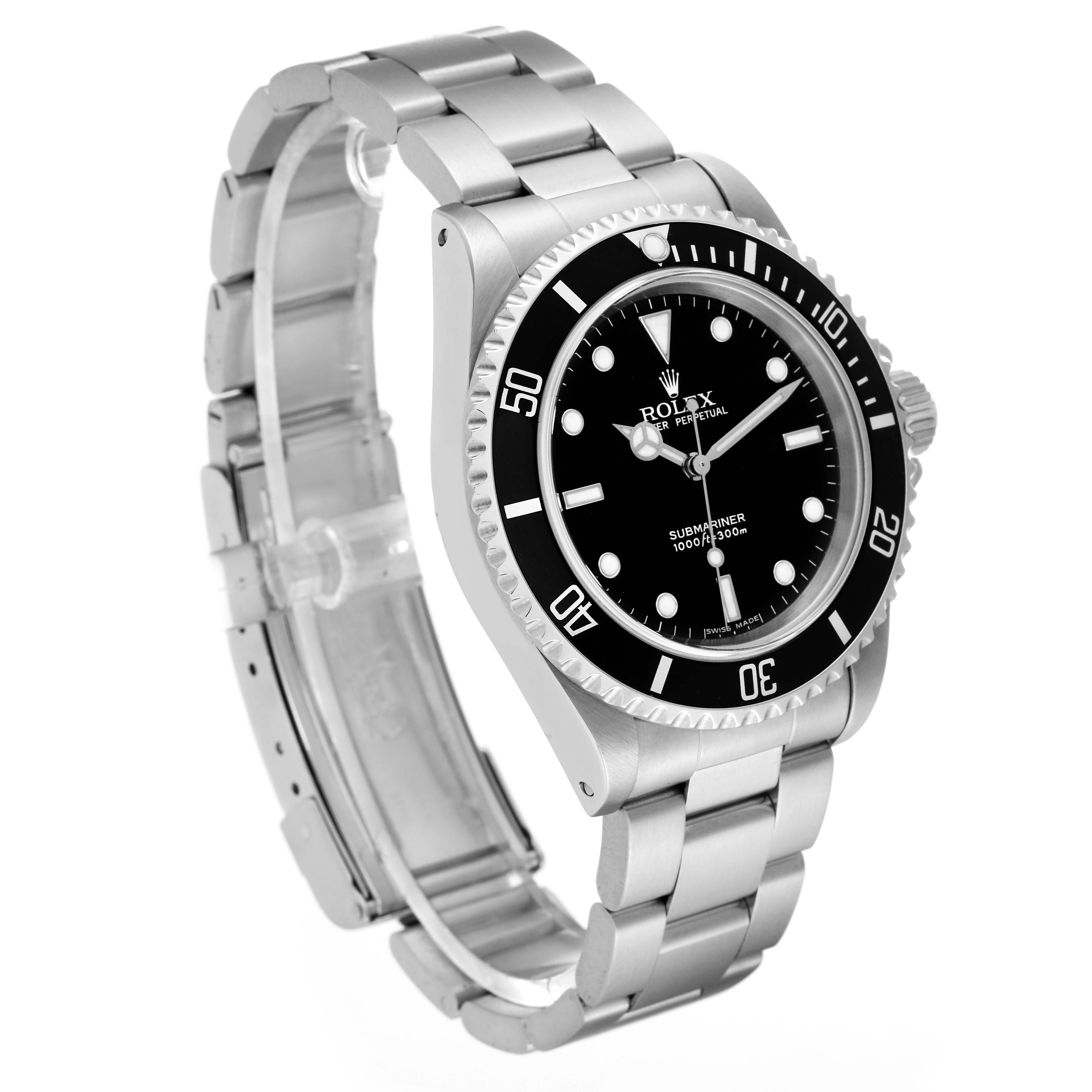 The image shows a three-quarters angle of a Rolex Submariner 14060M Men
s Stainless Steel Black Dial 14060M Men
s Stainless Steel Black Dial watch, highlighting its bezel, dial, and bracelet.