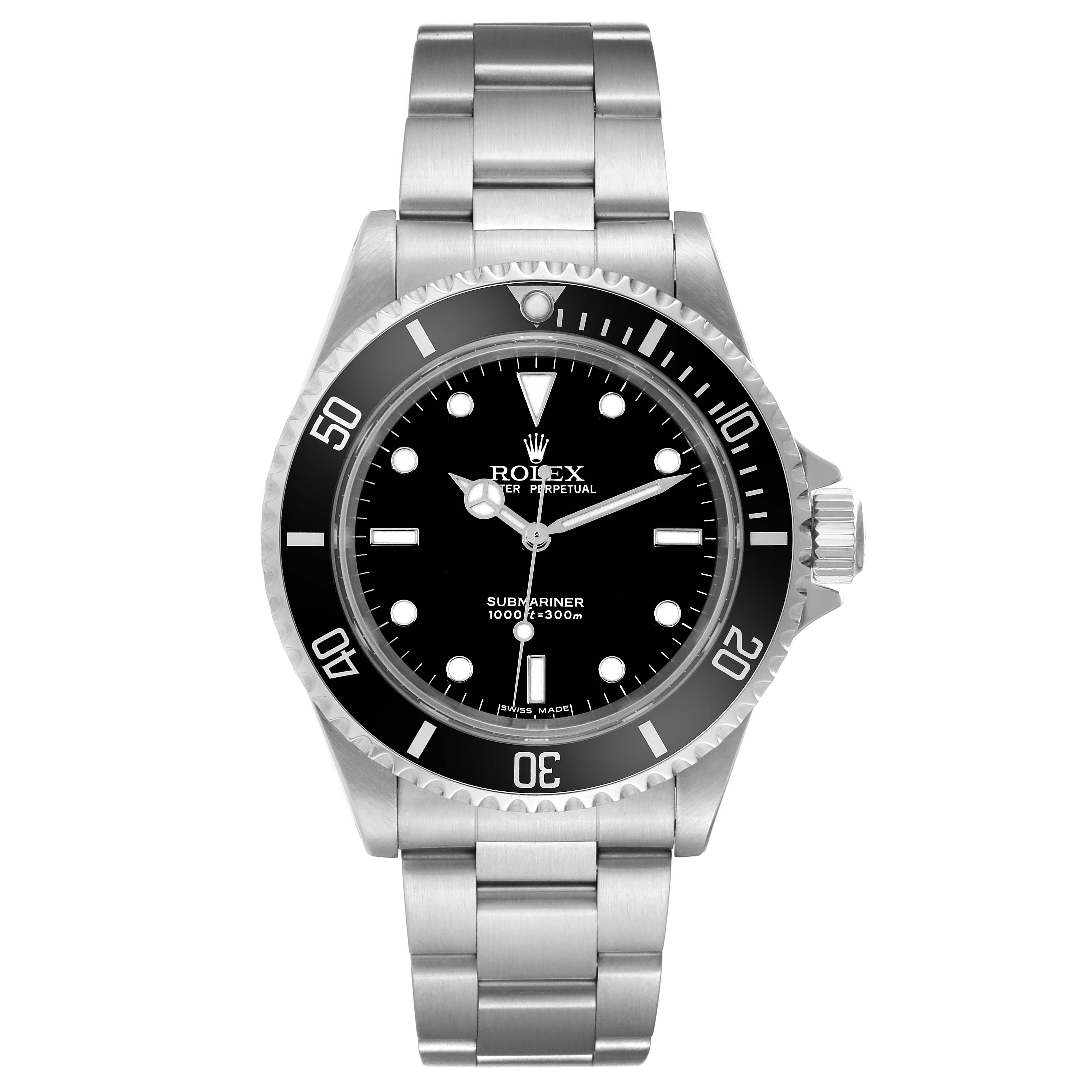 The Rolex Submariner 14060M Men
s Stainless Steel Black Dial 14060M Men
s Stainless Steel Black Dial watch is shown from a front angle, highlighting its face, bezel, and bracelet.