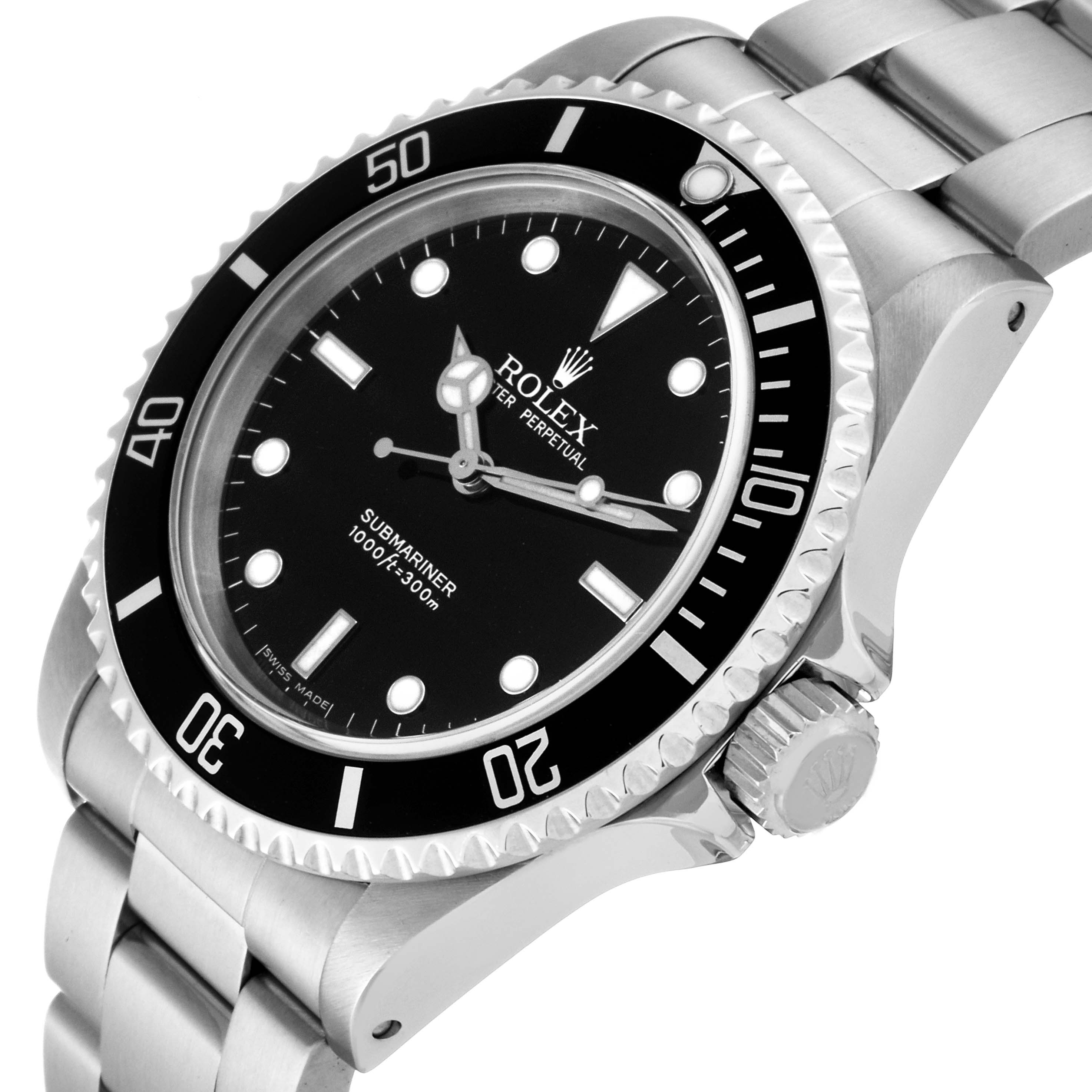 This image shows a close-up view of the Rolex Submariner 14060M Men
s Stainless Steel Black Dial 14060M Men
s Stainless Steel Black Dial watch displaying its face, bezel, and bracelet.