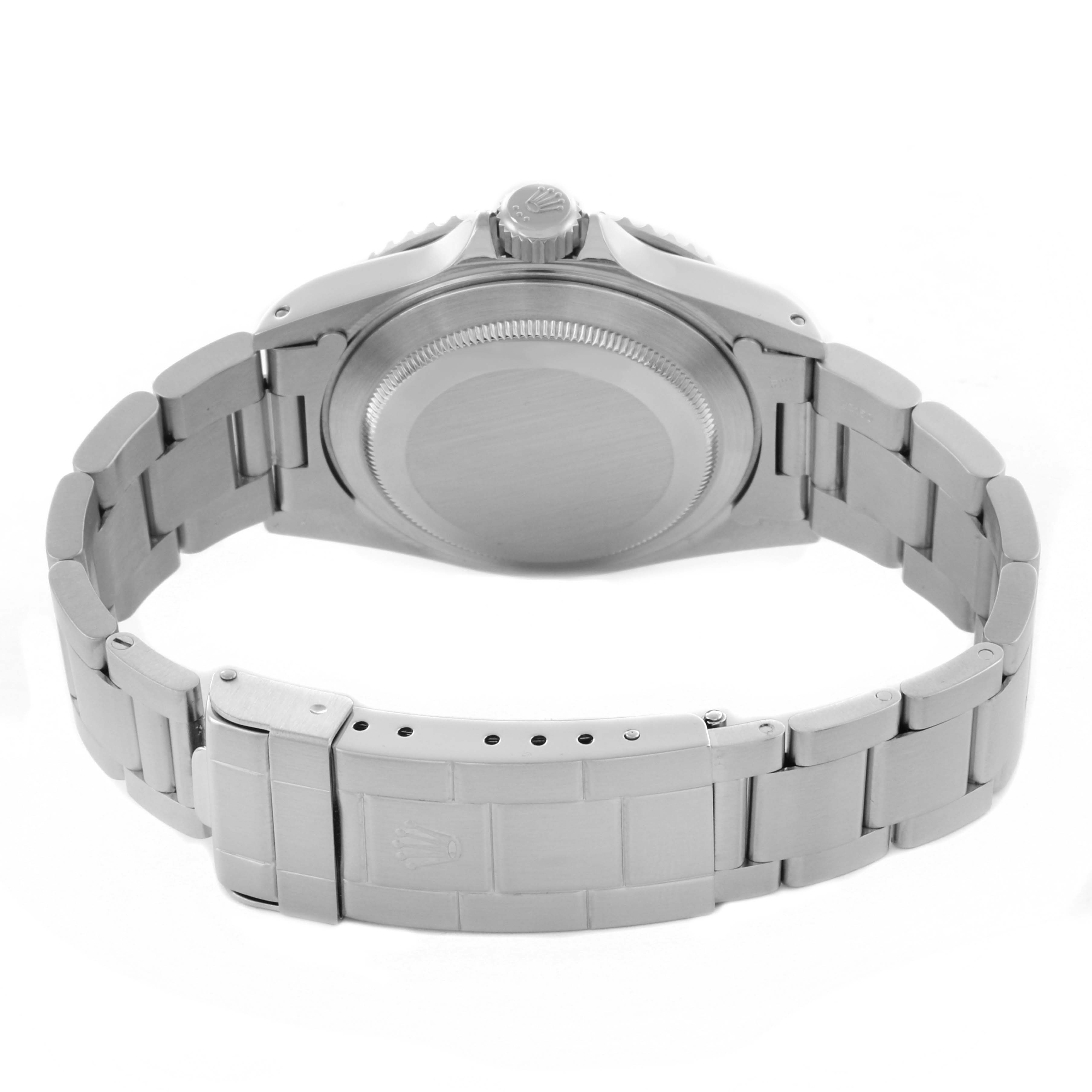 The image shows the back case and bracelet clasp of a Rolex Submariner 14060M Men's Stainless Steel Black Dial 14060M Men's Stainless Steel Black Dial, viewed from the underside.