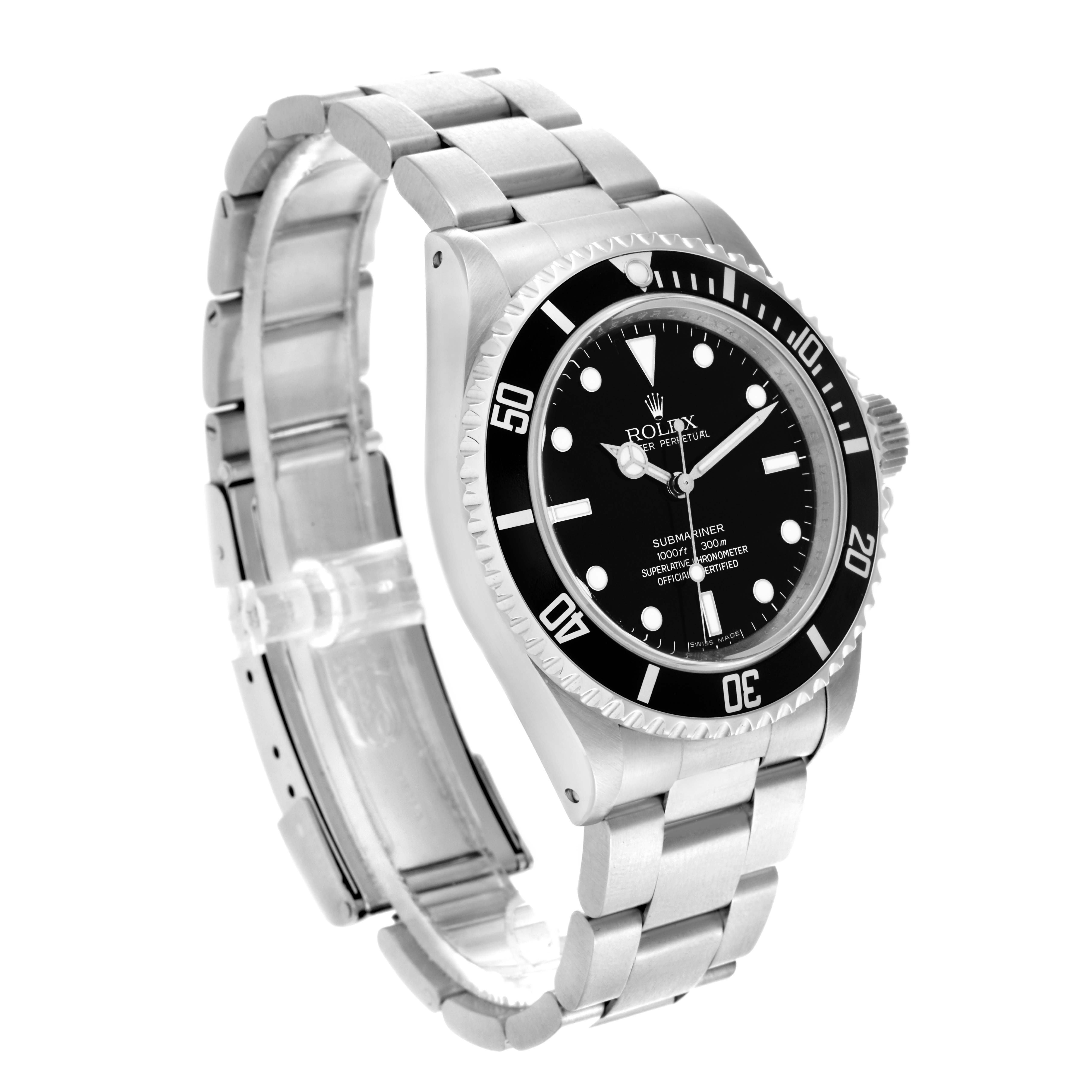 The Rolex Submariner 14060M Men's Stainless Steel Black Dial 14060M Men's Stainless Steel Black Dial watch is shown at a three-quarter angle, highlighting the face, bezel, and bracelet.