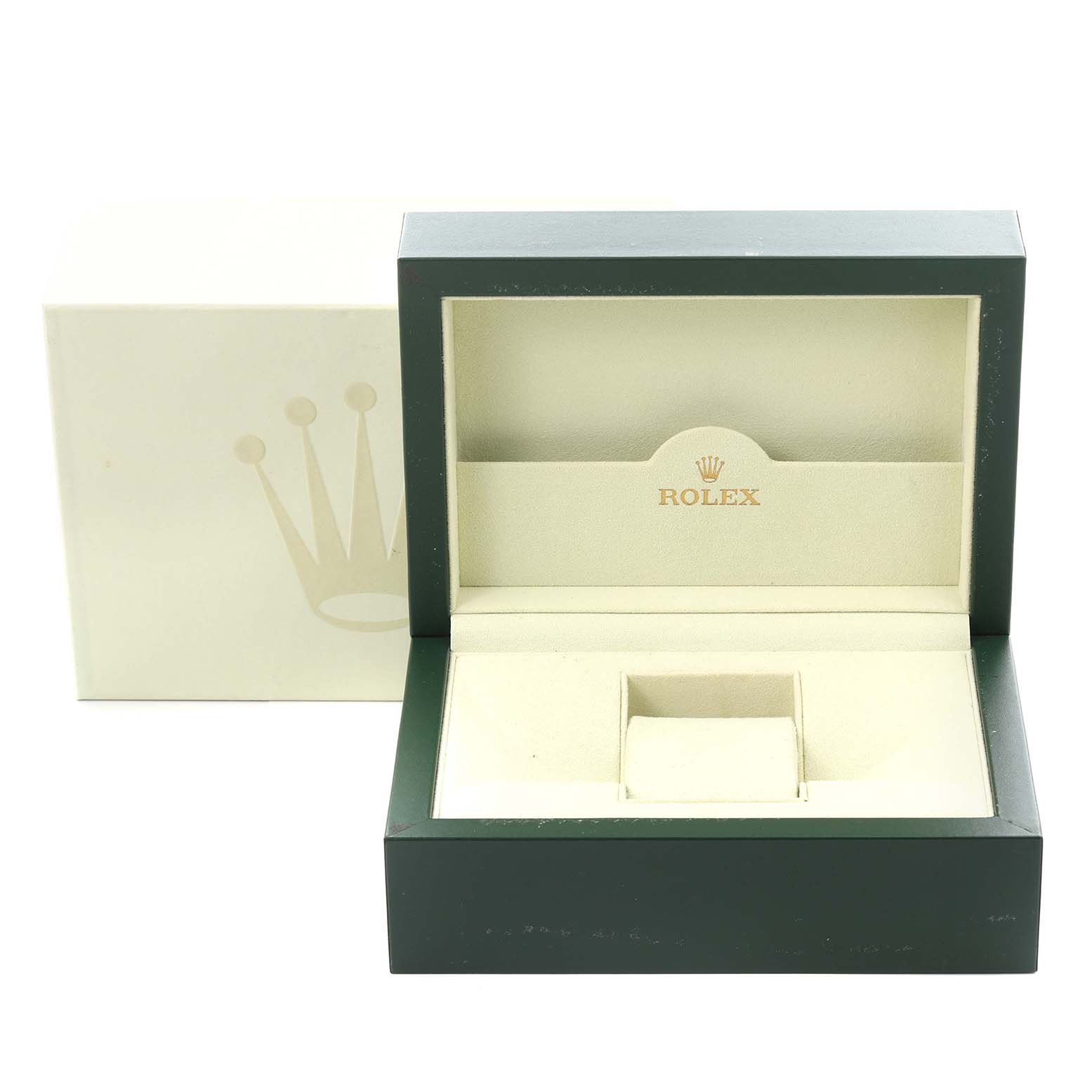 The image shows an open Rolex Submariner 14060M Men's Stainless Steel Black Dial 14060M Men's Stainless Steel Black Dial packaging box, revealing its interior with a cushioned section for the watch.