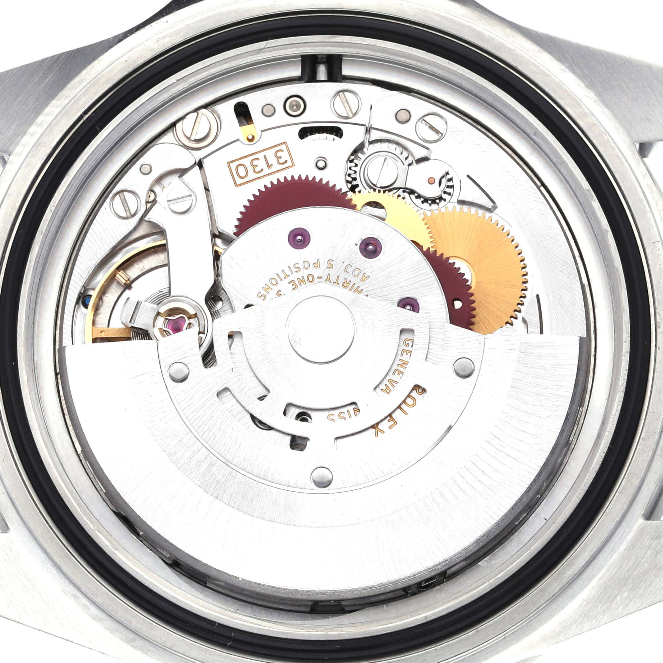 The image shows the open case back of a Rolex Submariner 14060M Men's Stainless Steel Black Dial 14060M Men's Stainless Steel Black Dial watch, revealing its intricate movement and gears.