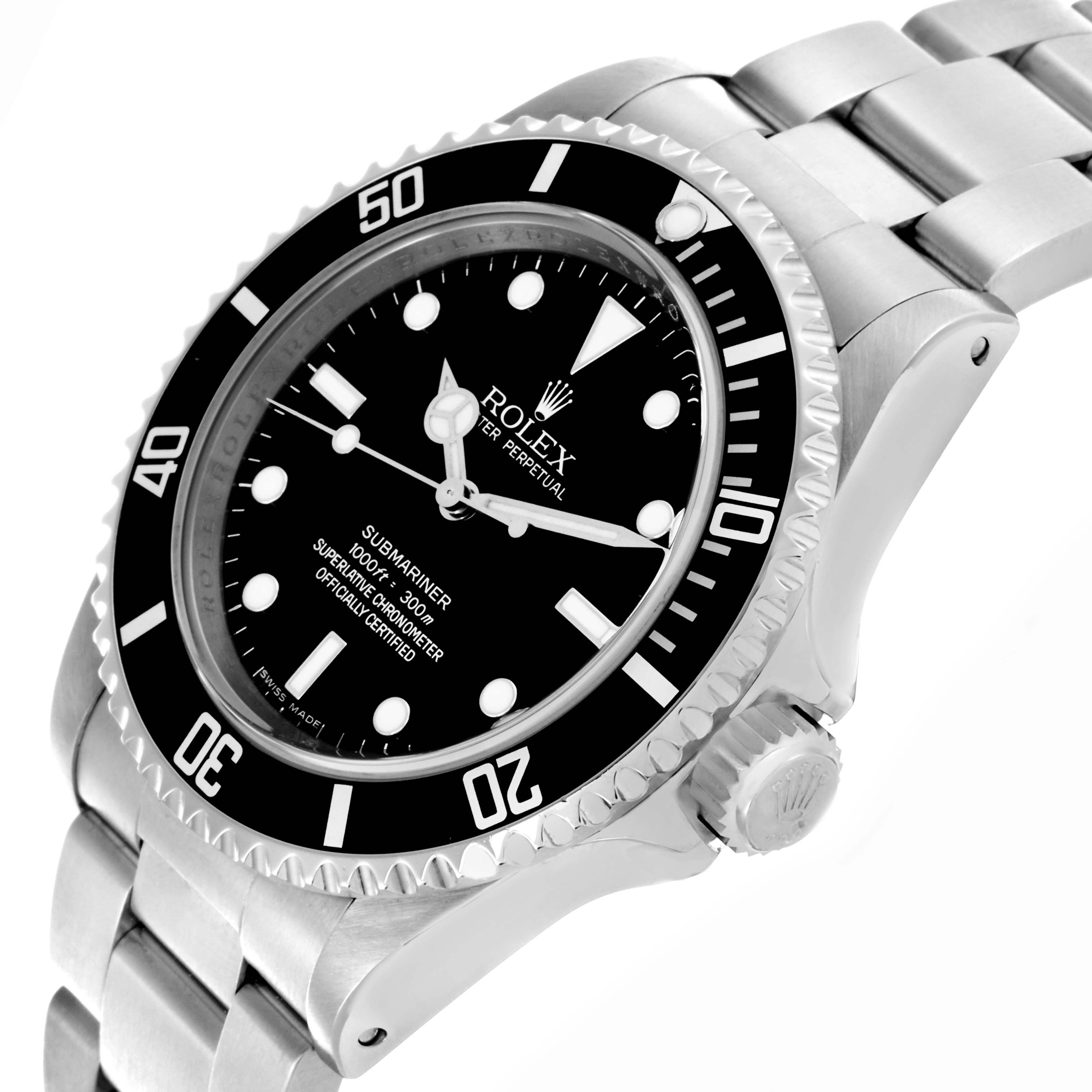 The image shows a Rolex Submariner 14060M Men's Stainless Steel Black Dial 14060M Men's Stainless Steel Black Dial watch at a slight side angle, highlighting the dial, bezel, crown, and bracelet.