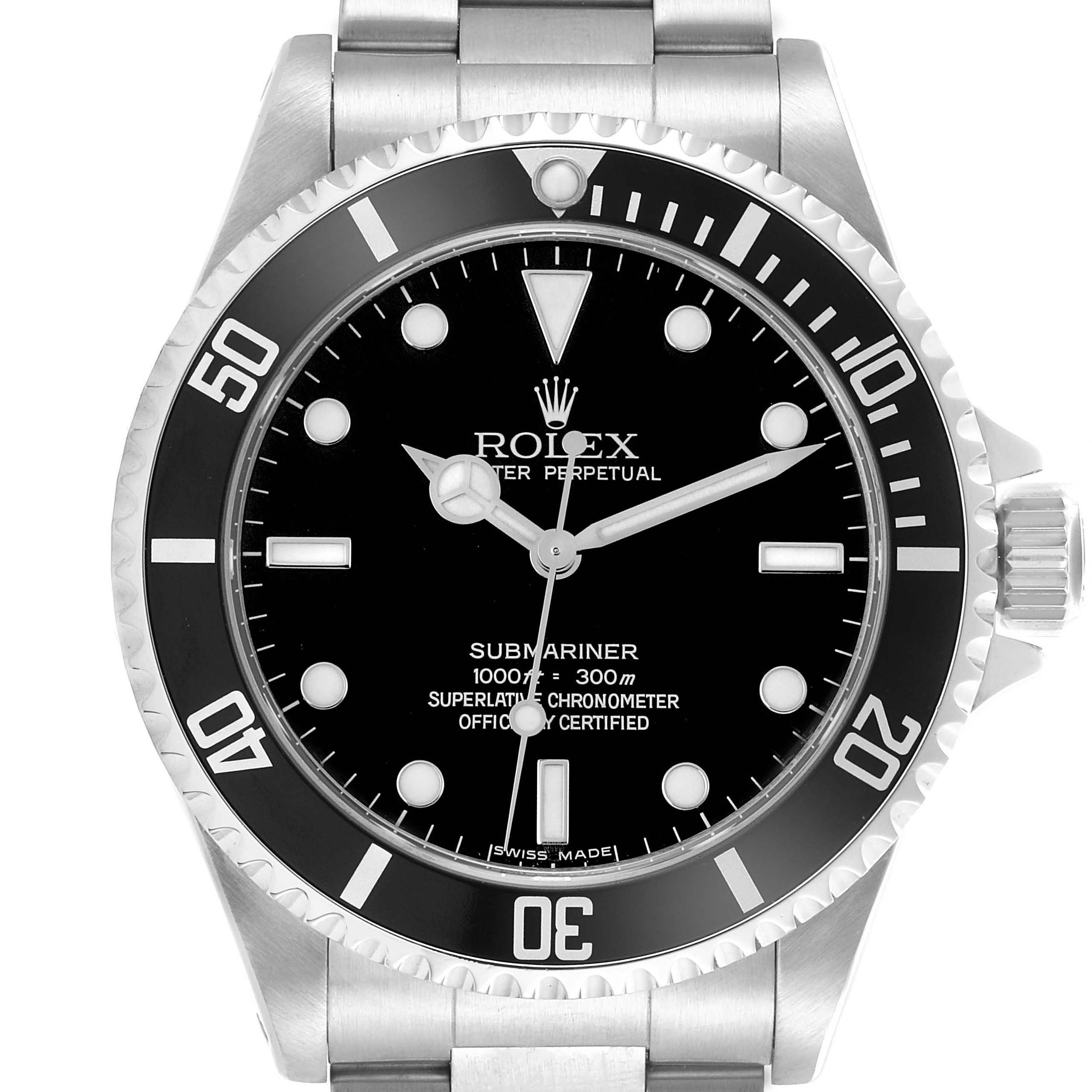 The Rolex Submariner 14060M Men's Stainless Steel Black Dial 14060M Men's Stainless Steel Black Dial watch is shown from a front view, displaying the entire face, bezel, and part of the bracelet.