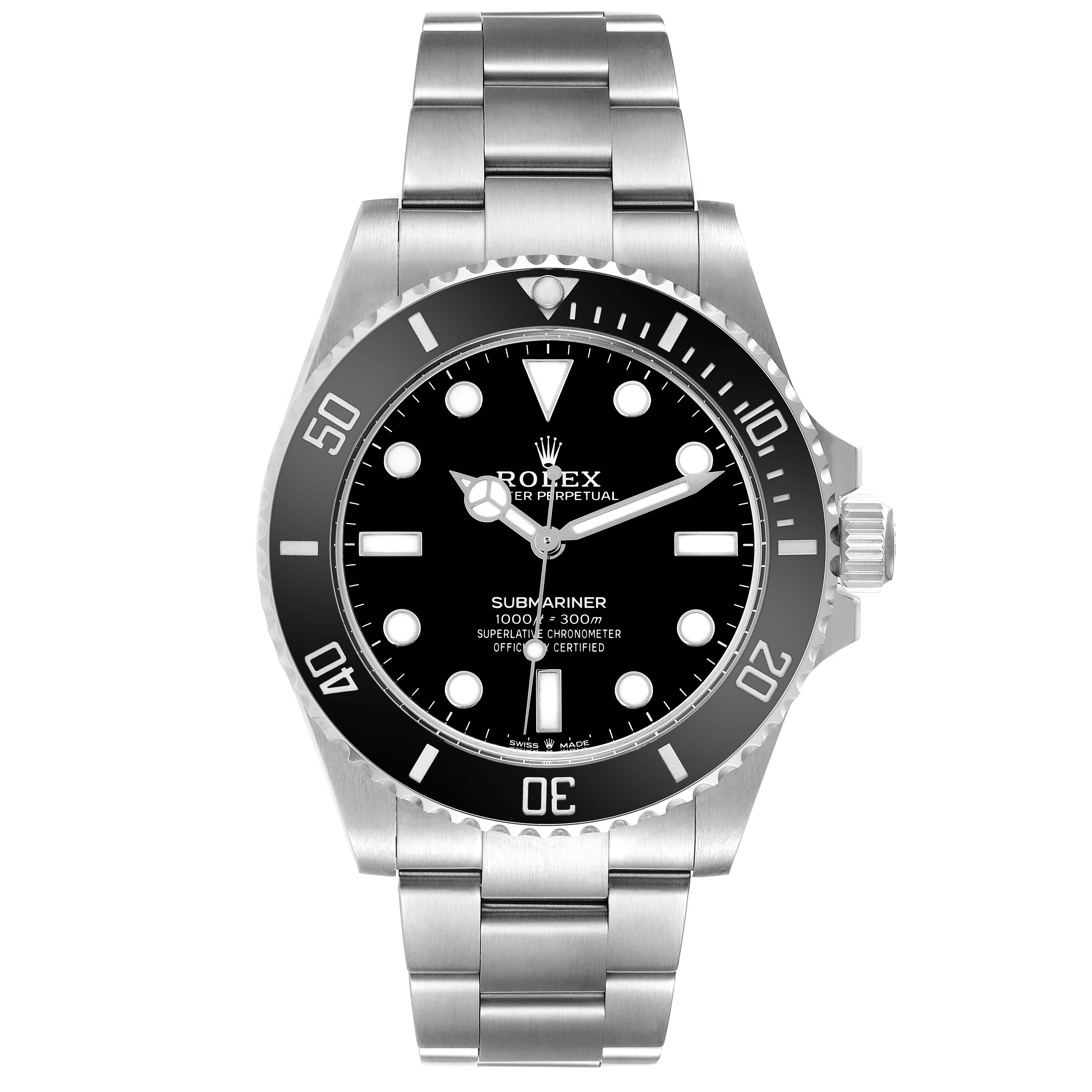 The Rolex Submariner 124060 Men's Stainless Steel Black Dial 124060 Men's Stainless Steel Black Dial watch is shown from a front angle, displaying the dial, bezel, and bracelet.