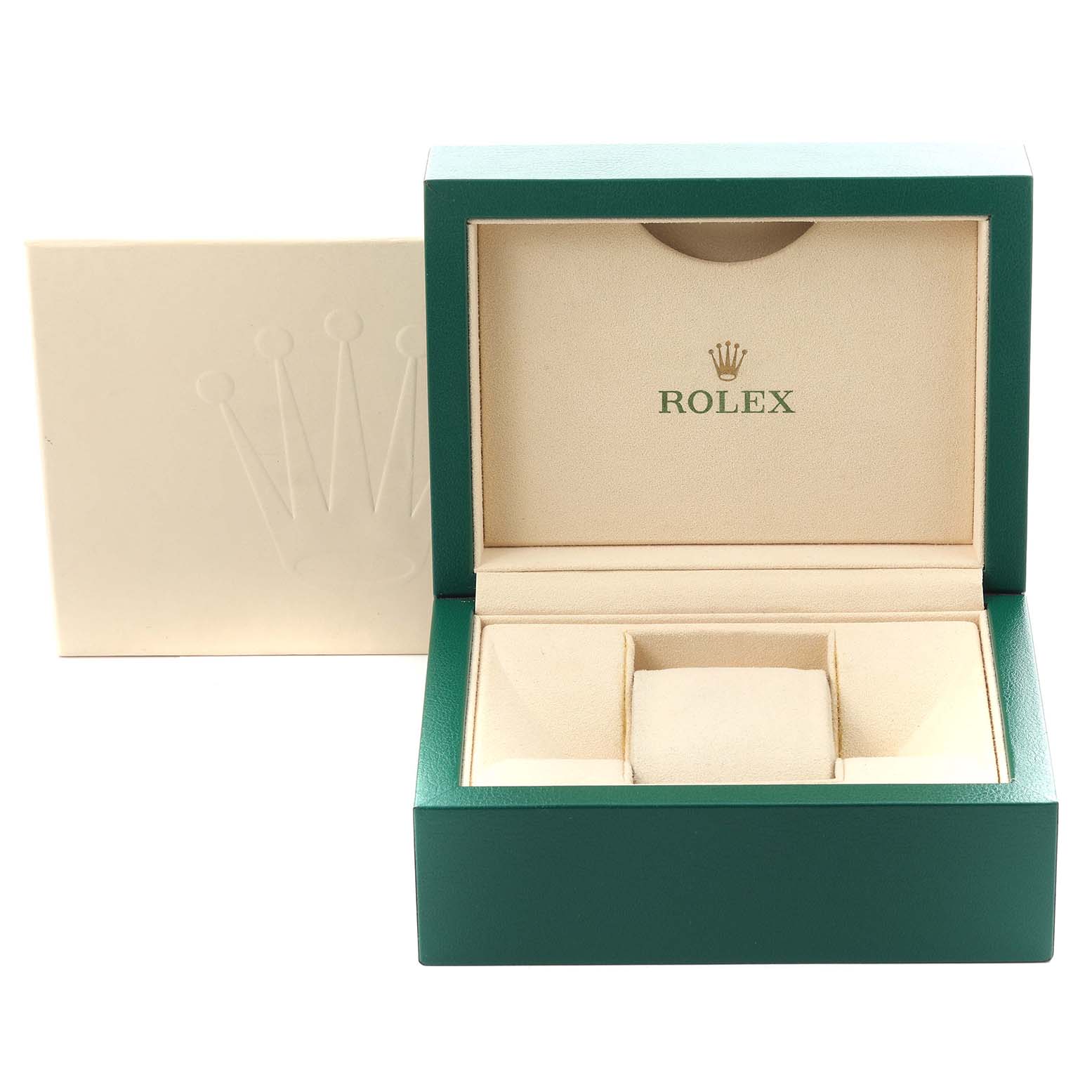 The image shows an open Rolex Submariner 124060 Men's Stainless Steel Black Dial 124060 Men's Stainless Steel Black Dial watch box, viewed from the front, displaying its green and beige interior.