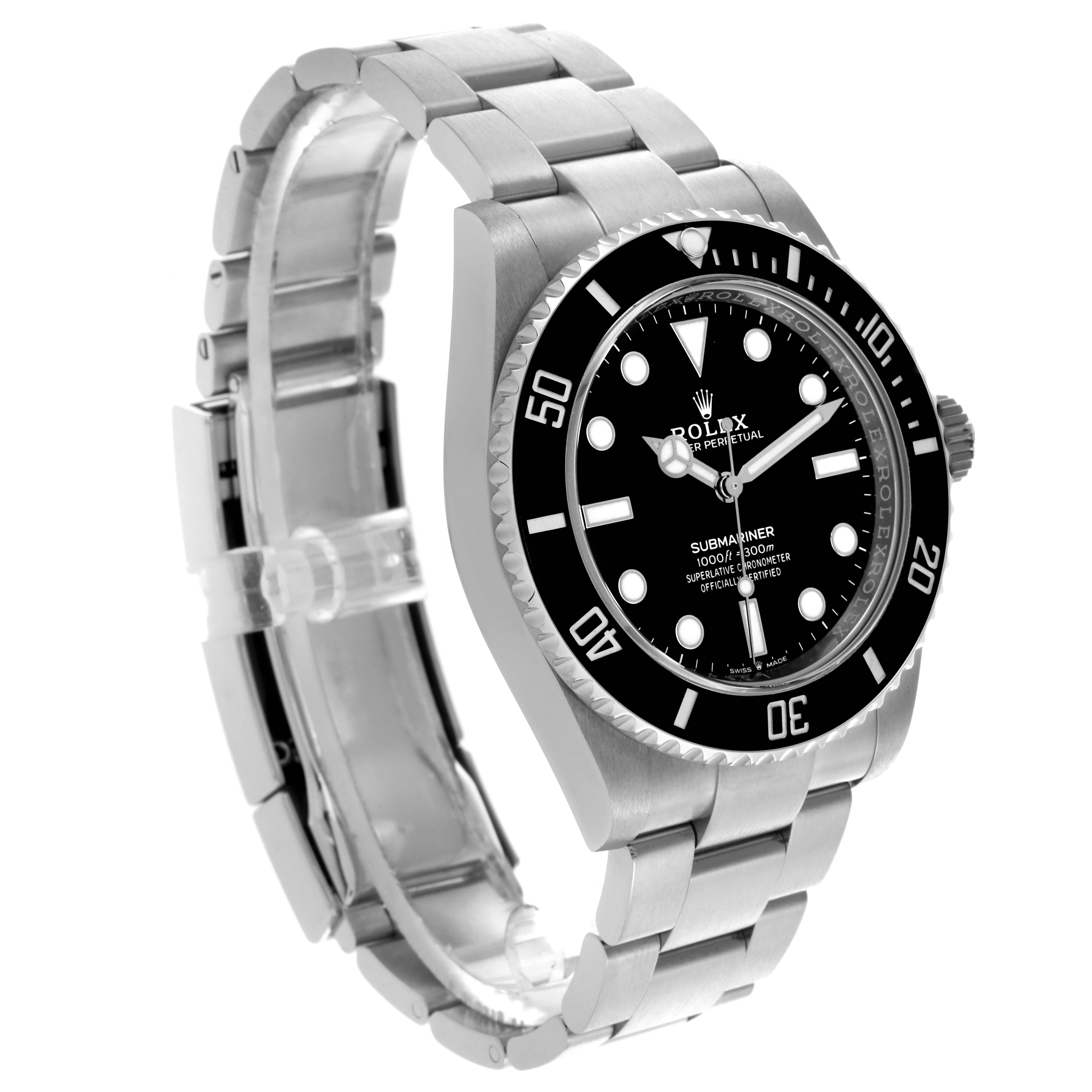 The Rolex Submariner 124060 Men's Stainless Steel Black Dial 124060 Men's Stainless Steel Black Dial watch is shown at an angled side view, displaying the bezel, bracelet, and crown.