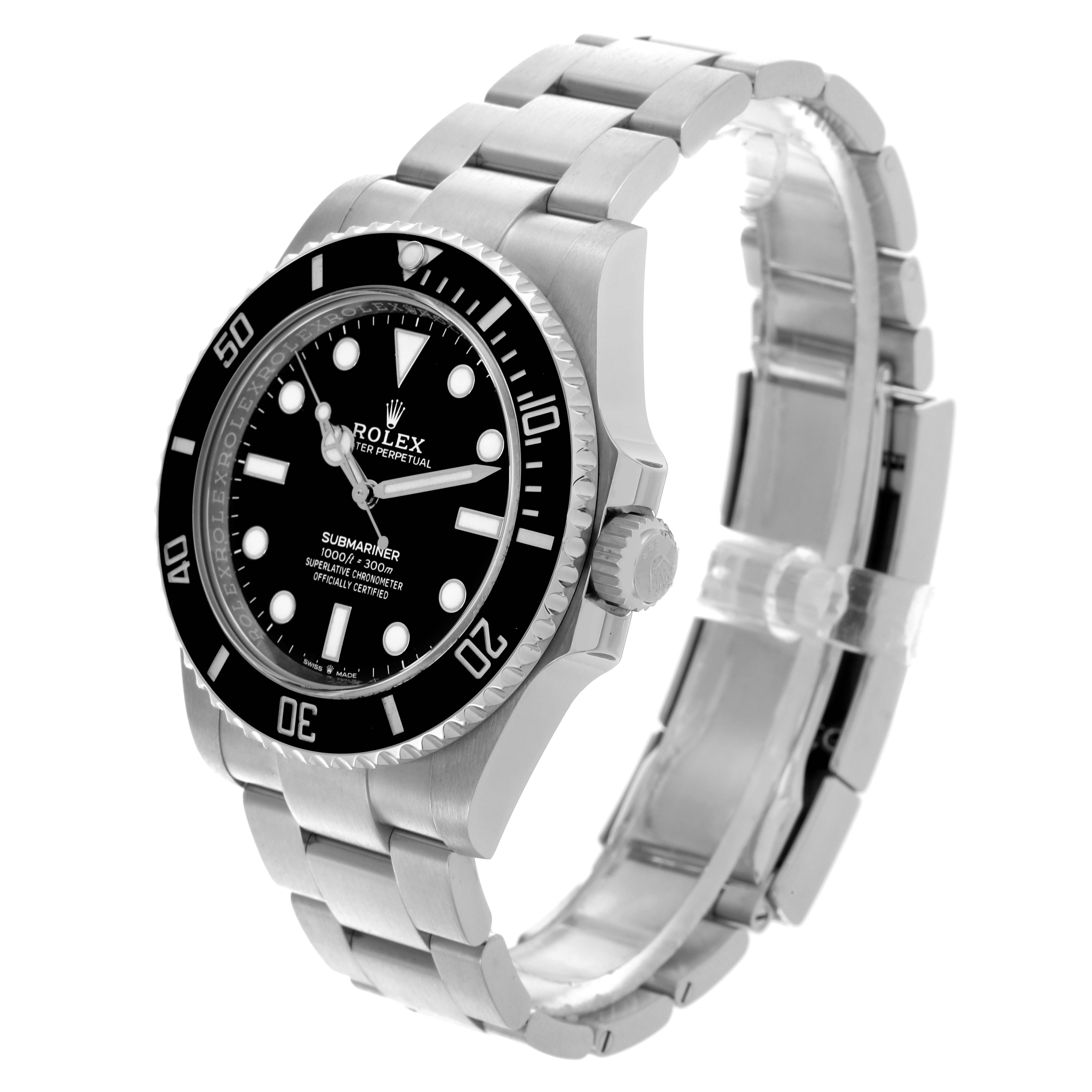 The Rolex Submariner 124060 Men's Stainless Steel Black Dial 124060 Men's Stainless Steel Black Dial watch is shown at a slight three-quarter angle, displaying the dial, bezel, crown, and metal bracelet.