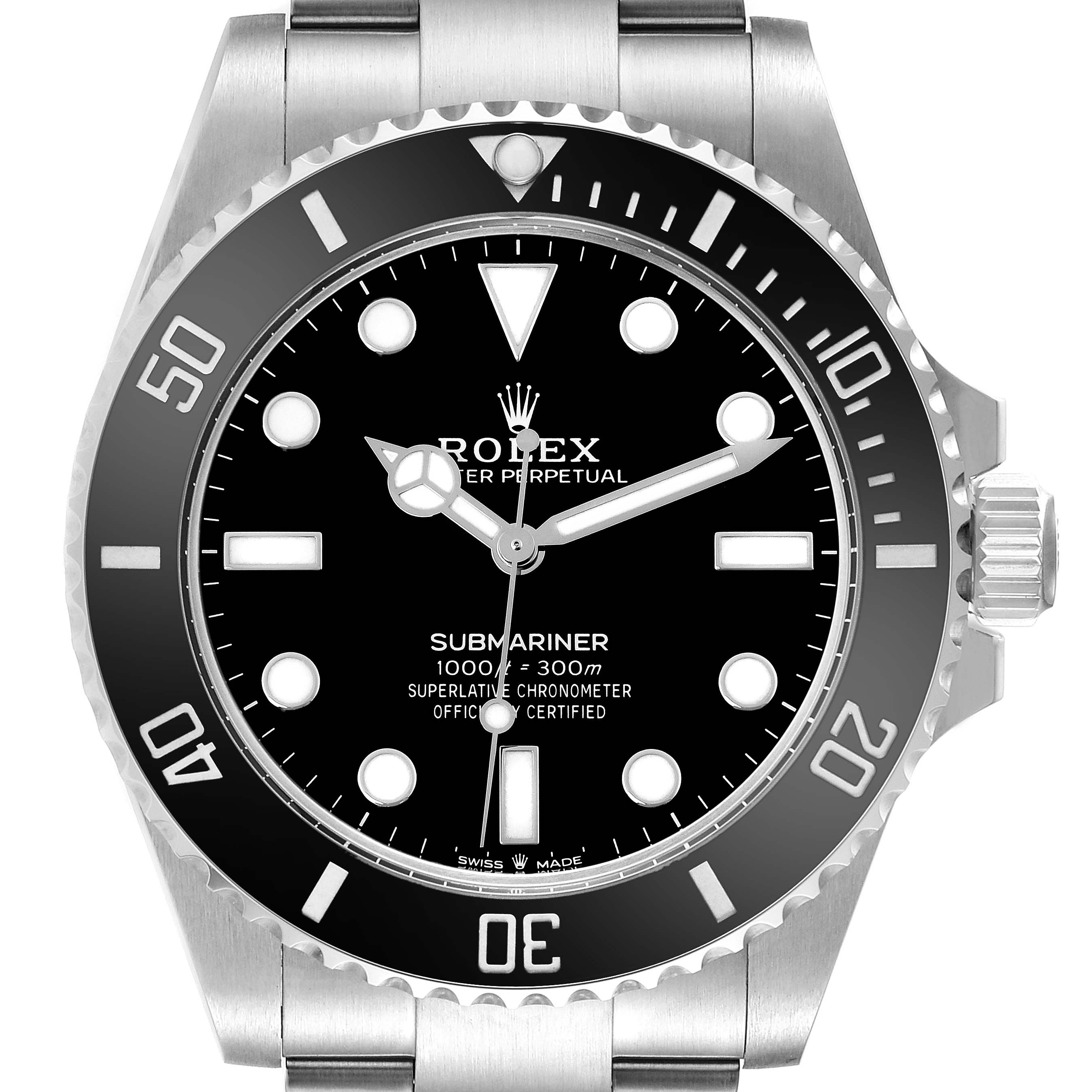 The image shows a front view of a Rolex Submariner 124060 Men's Stainless Steel Black Dial 124060 Men's Stainless Steel Black Dial watch, displaying the dial, bezel, and part of the bracelet.