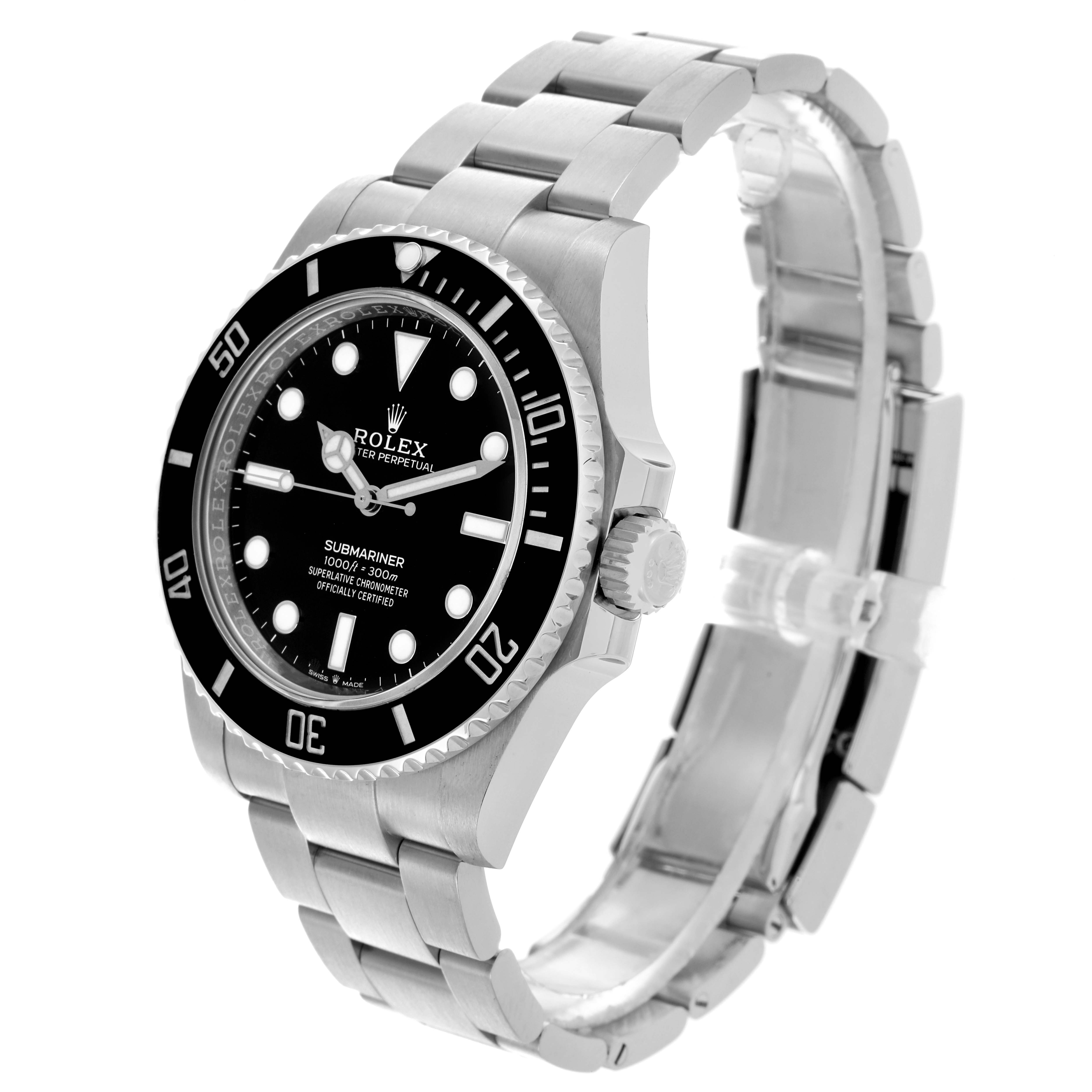 The Rolex Submariner 124060 Men's Stainless Steel Black Dial 124060 Men's Stainless Steel Black Dial watch is shown at an angled side view, highlighting its bezel, dial, and metal bracelet.