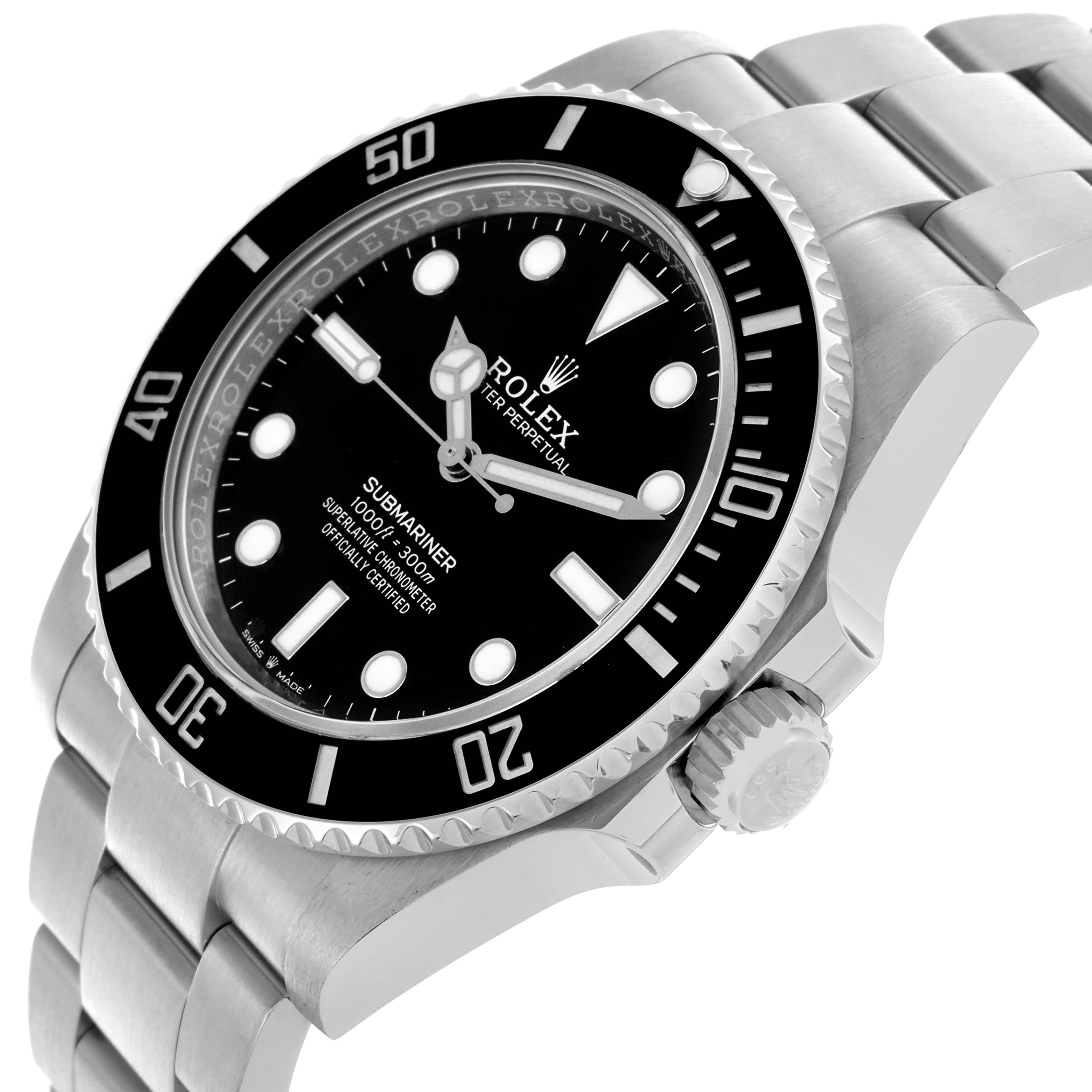The Rolex Submariner 124060 Men's Stainless Steel Black Dial 124060 Men's Stainless Steel Black Dial watch is shown at an angled side view, highlighting the bezel, dial, crown, and stainless steel bracelet.