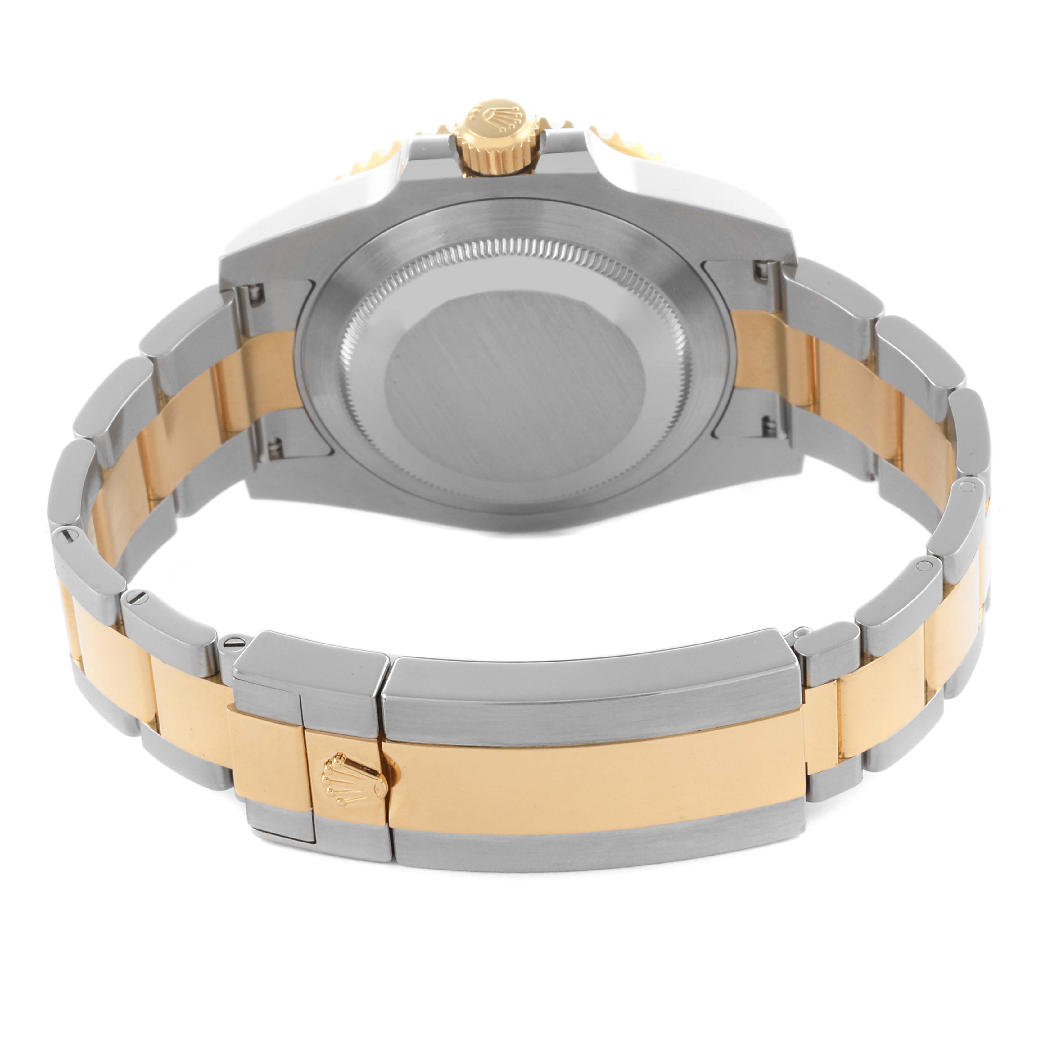 The image shows the back view of a Rolex Submariner 116613LN Men's Steel and Gold (two tone) Black Dial 116613LN Men's Steel and Gold (two tone) Black Dial, highlighting the case back, bracelet, and clasp.