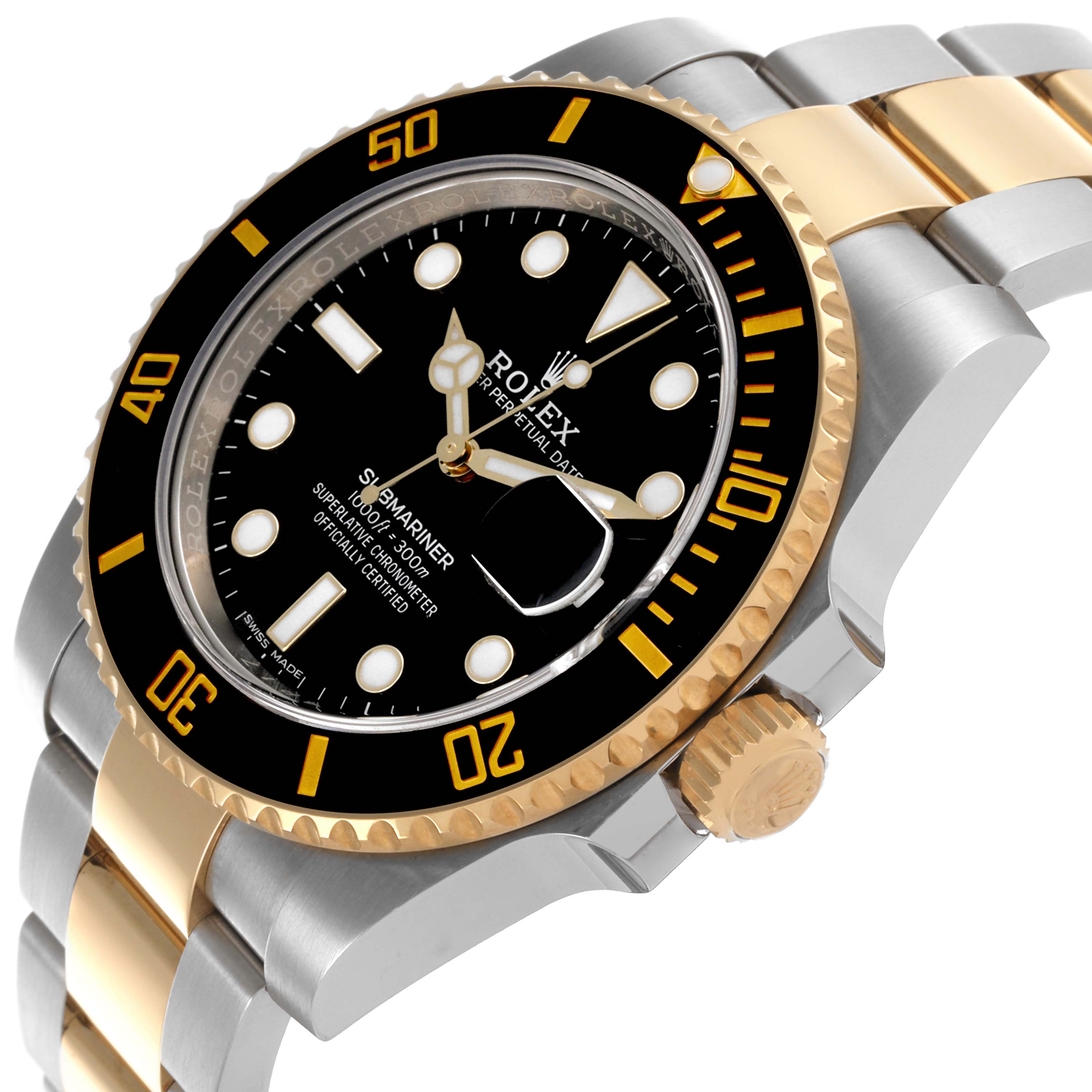 The Rolex Submariner 116613LN Men's Steel and Gold (two tone) Black Dial 116613LN Men's Steel and Gold (two tone) Black Dial is shown from a side angle, featuring the bezel, crown, and part of the bracelet.