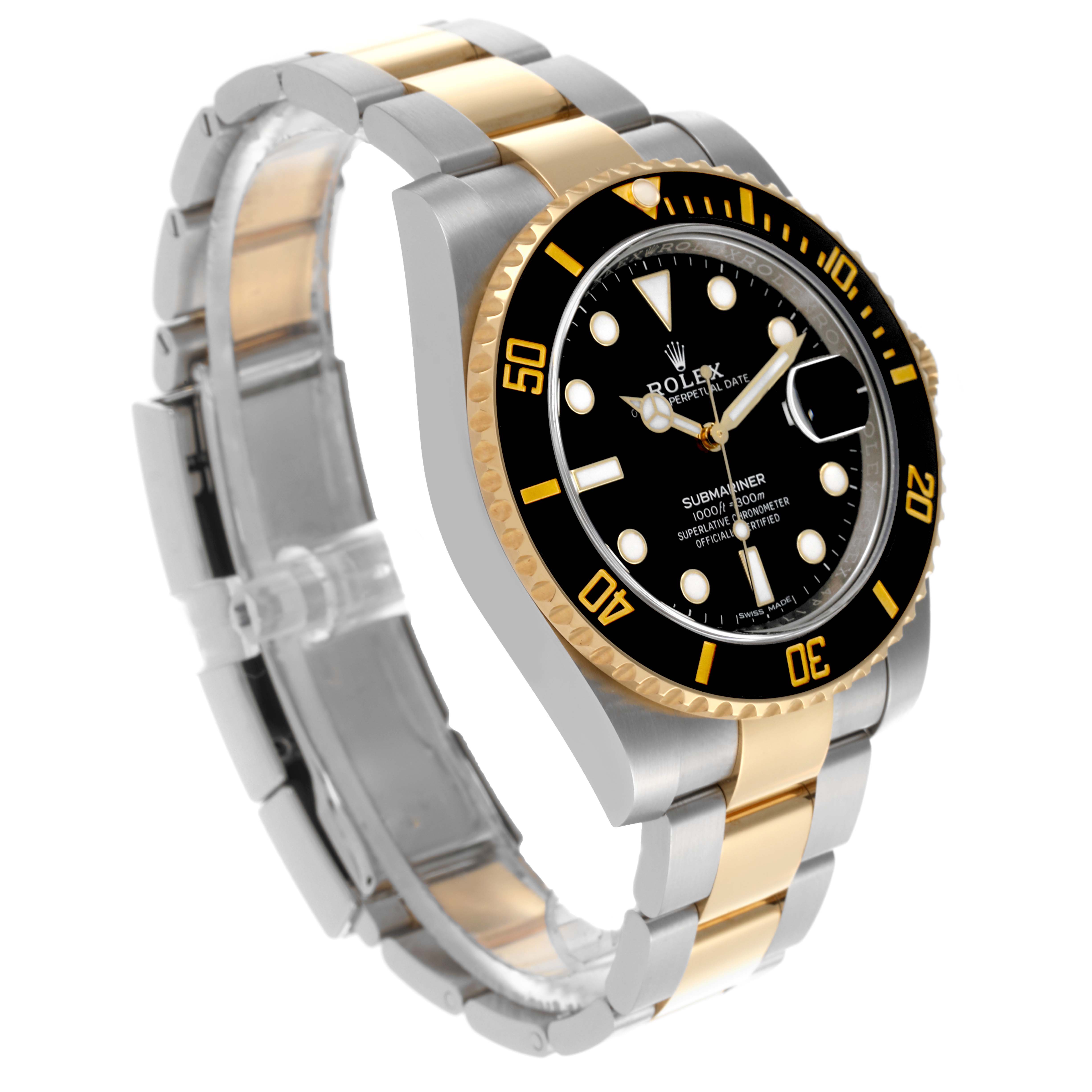 The Rolex Submariner 116613LN Men's Steel and Gold (two tone) Black Dial 116613LN Men's Steel and Gold (two tone) Black Dial is shown at an angled side view, displaying the bezel, case, bracelet, and part of the dial.