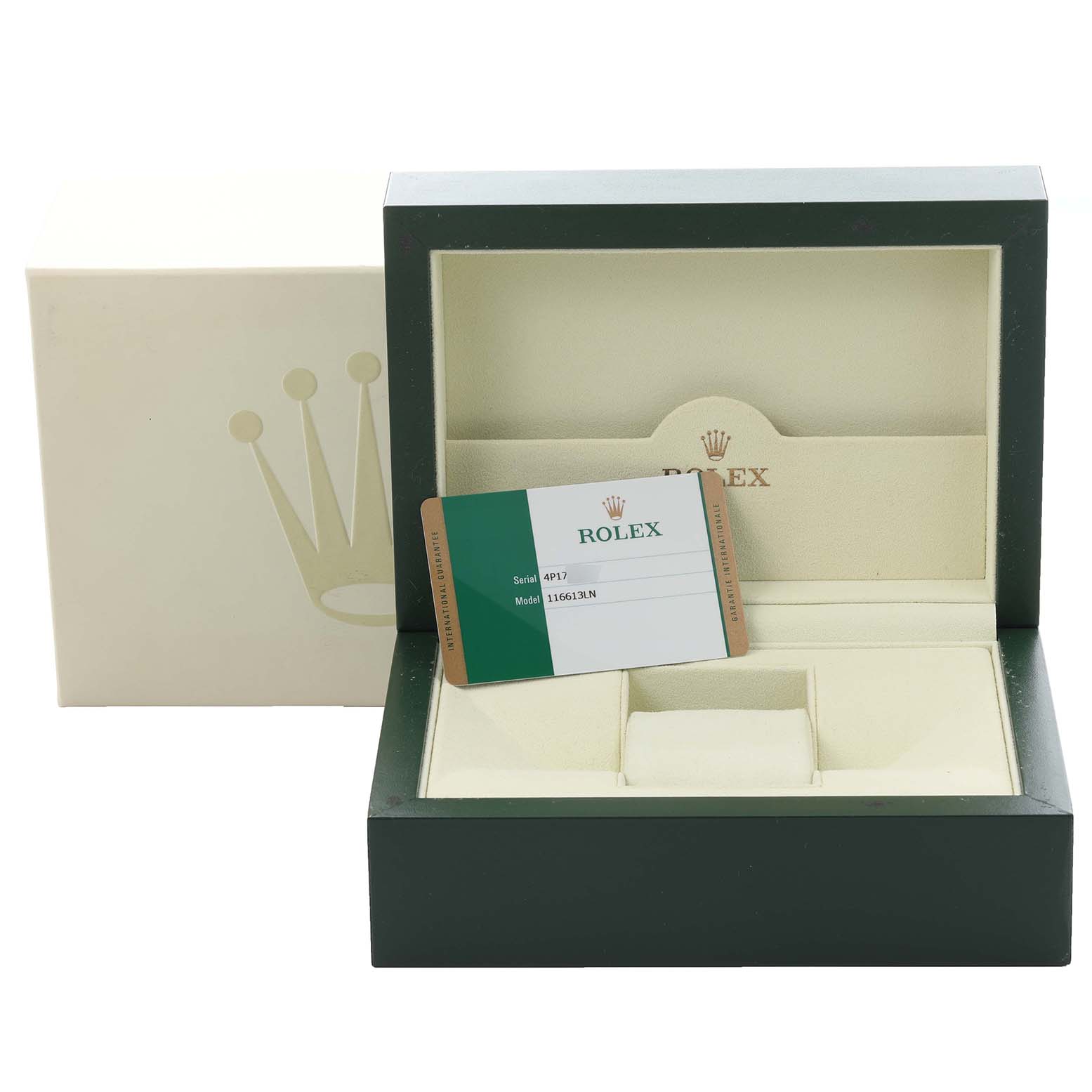 The image shows a Rolex Submariner 116613LN Men's Steel and Gold (two tone) Black Dial 116613LN Men's Steel and Gold (two tone) Black Dial watch box and warranty card; the watch itself is not visible.