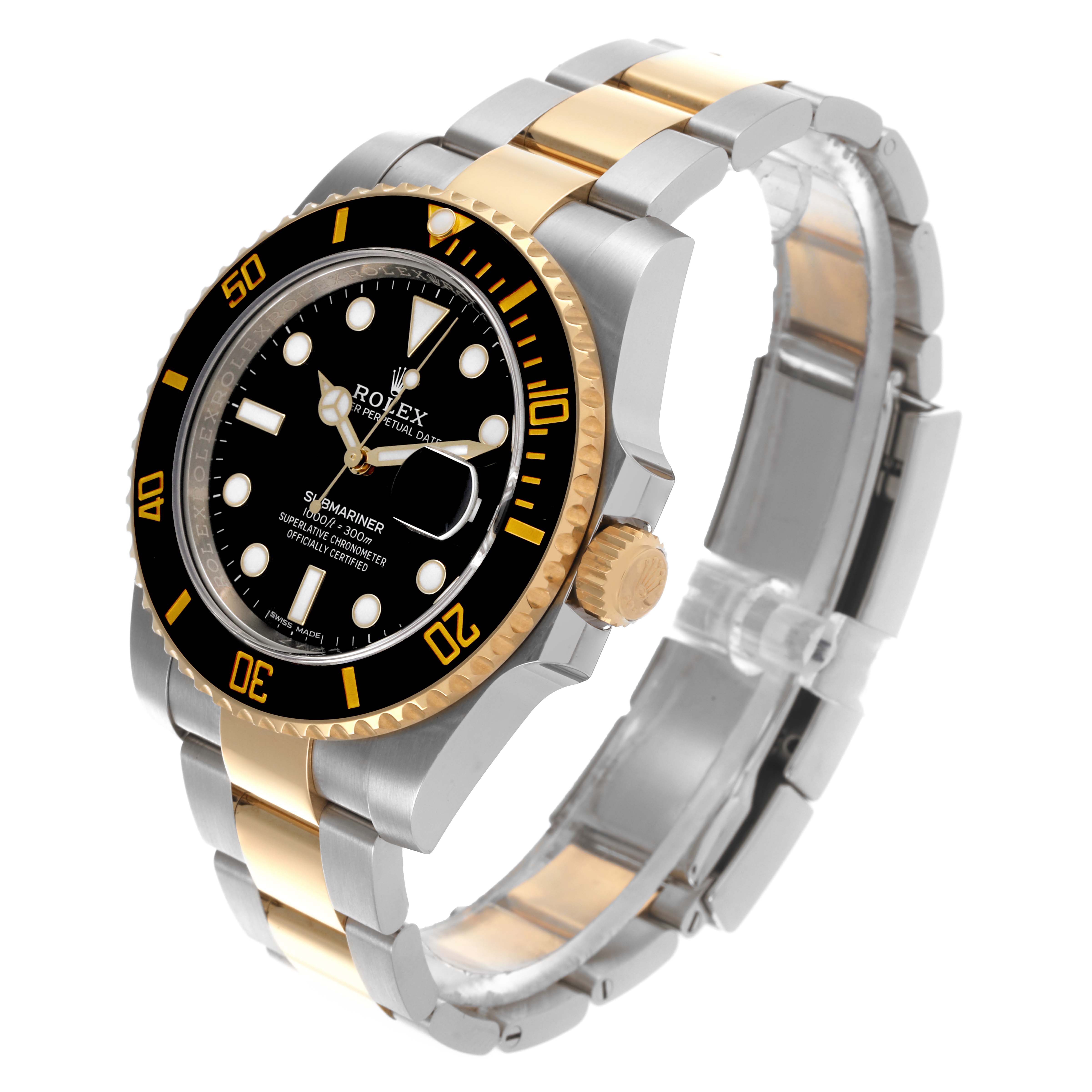 The Rolex Submariner 116613LN Men's Steel and Gold (two tone) Black Dial 116613LN Men's Steel and Gold (two tone) Black Dial watch is shown at a three-quarter angle, highlighting the dial, bezel, crown, and bracelet.